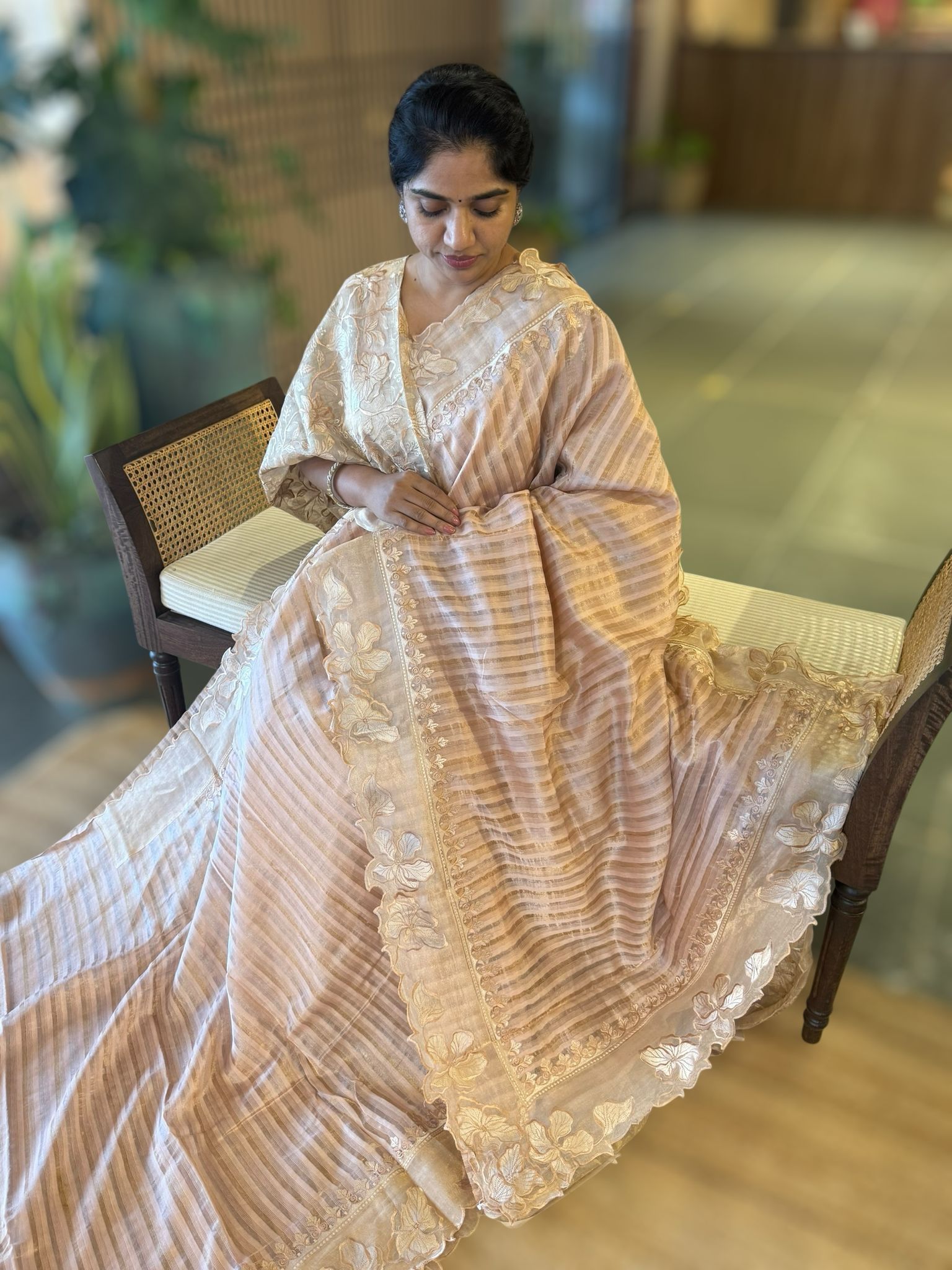 Nude pink Mul Tissue Stripes Saree With Tissue Cutwork  Border & Blouse
