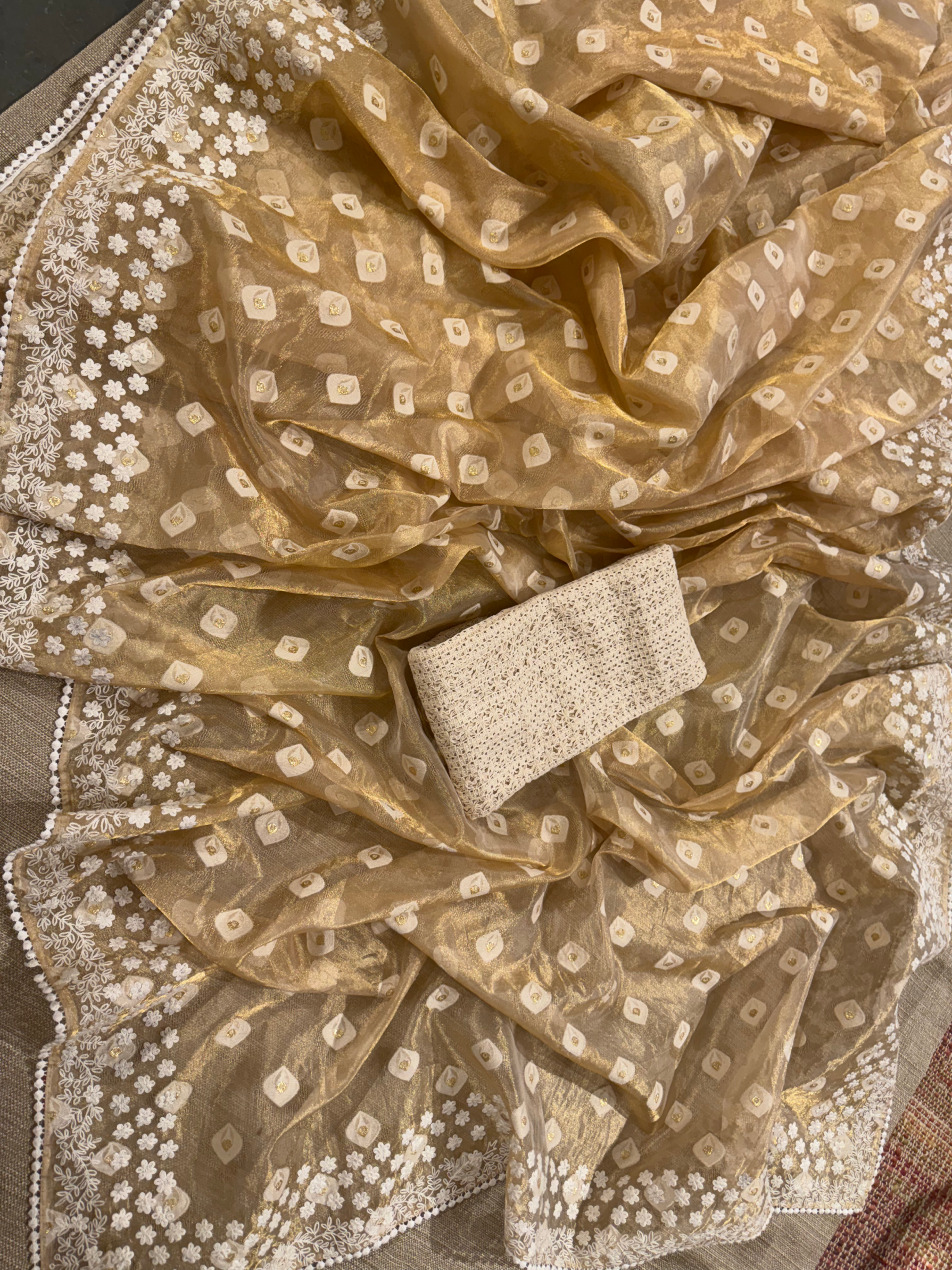 GTEA2003 : Pure Handloom Gold Tissue Saree With handwork borders
