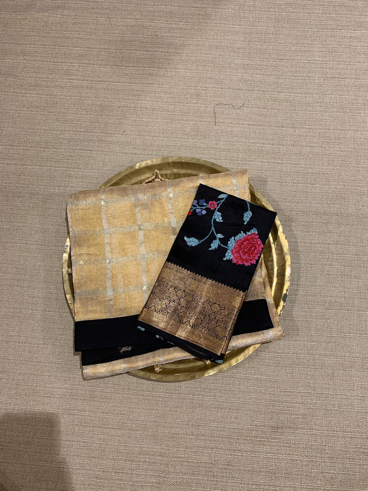 Designer Gold tissue saree with kanchi petite point work blouse