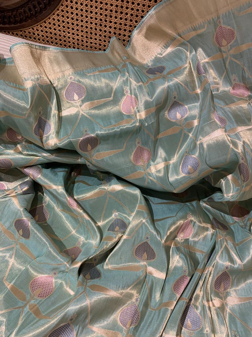 SBETM162 Teal Designer Banarasi Ektara Tissue Saree with allover meenkari jaal