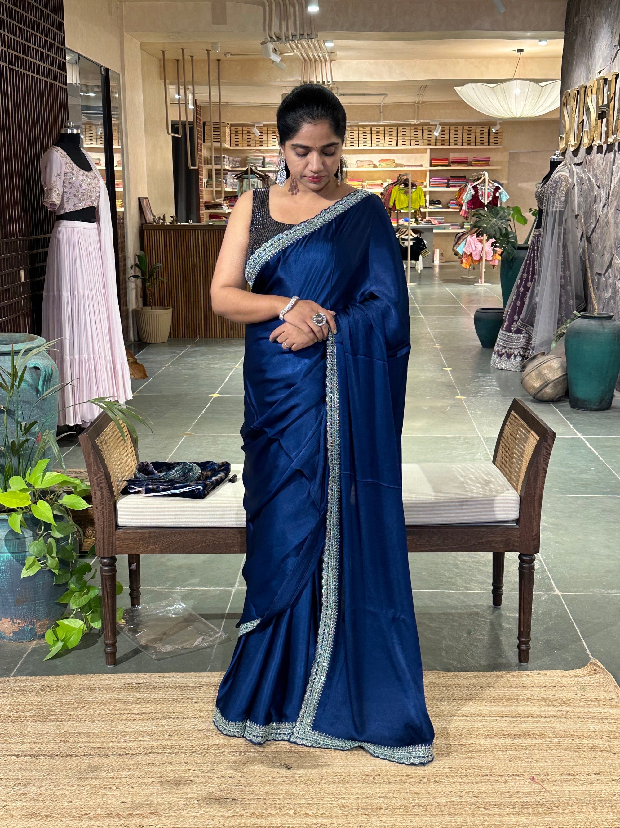 Pure Chinnon Satin Silk Saree with sabyasachi borders paired with velvet blouse