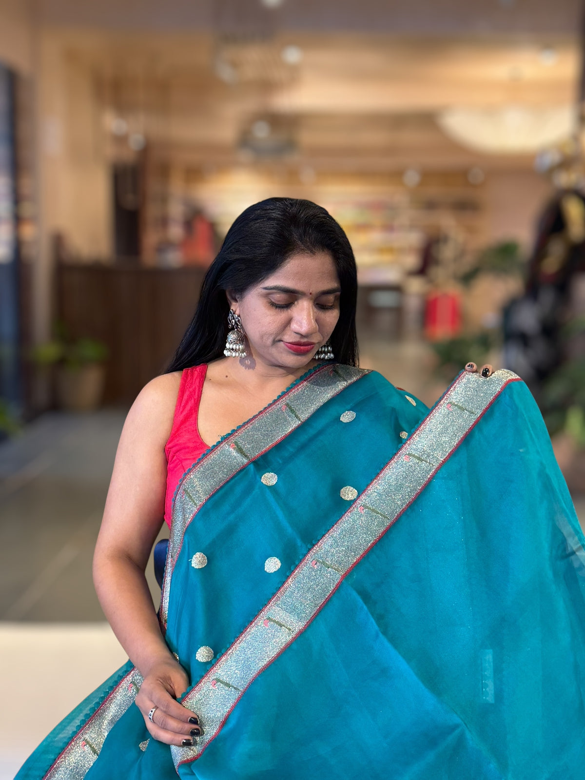 Rama Green Pure Organza Saree With Pythani Embroidered Border