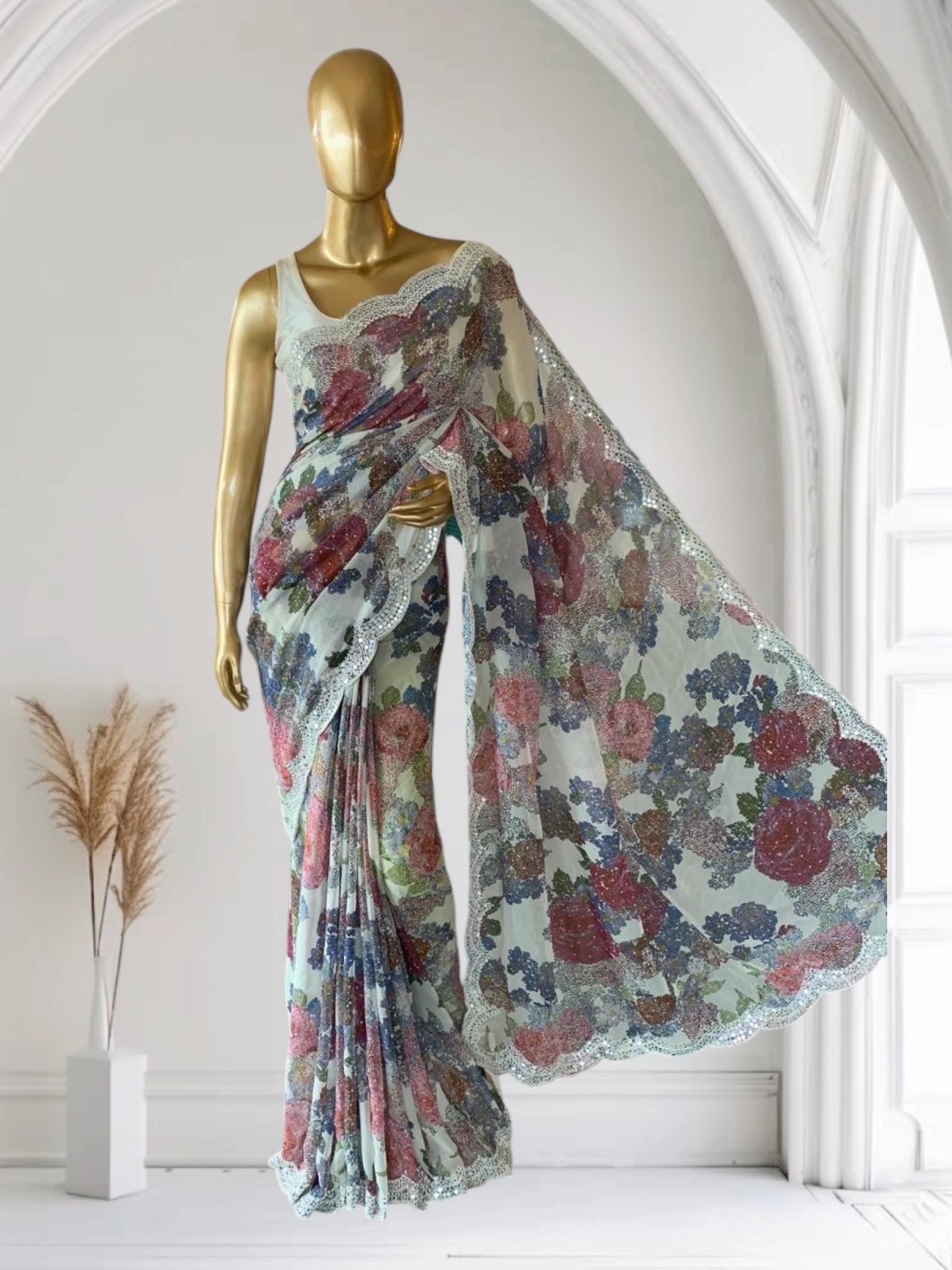 Ivory Gorgette Print with handwork mirrorwork borders