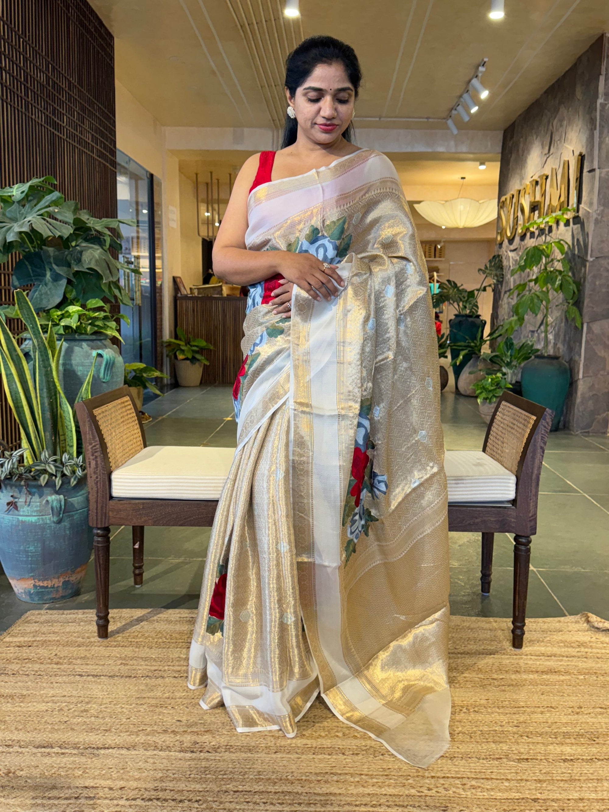 Gold Kota Brocade Tissue Saree with Gap Border & Big Statement Floral Embroidery