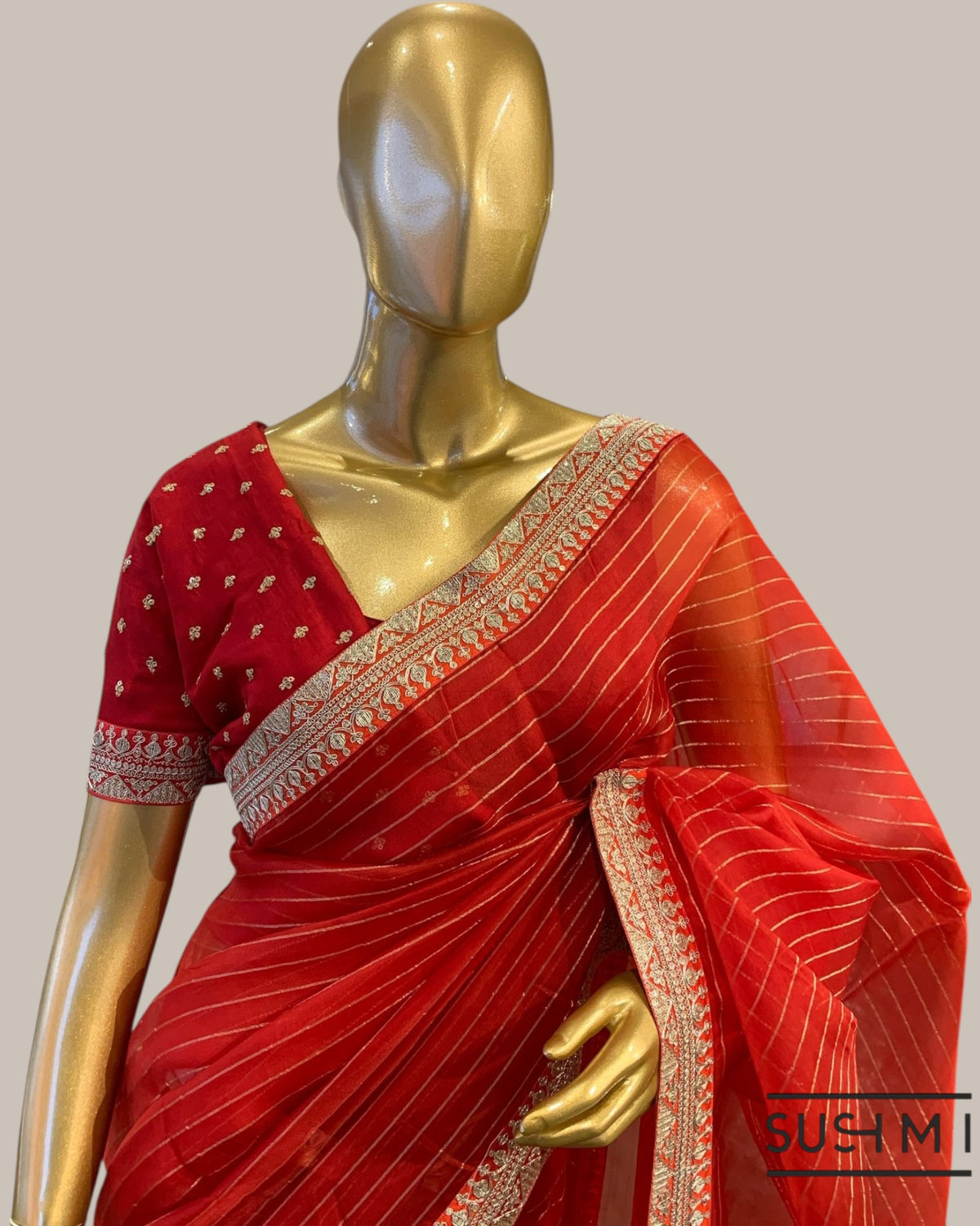 Red Organza Saree with Zari stripes Hemlined with sabhyasachi border and blouse