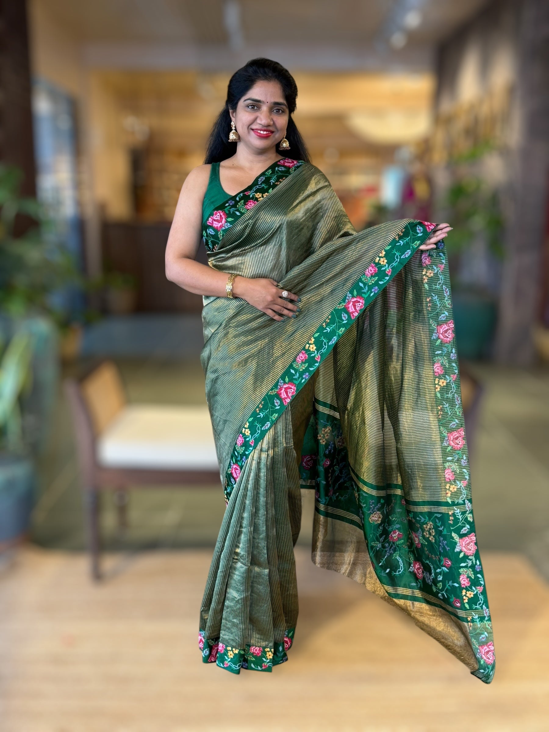 BottleGreen Tissue Stripes Saree wth Petite Point Embroidered Border Pallu & BP