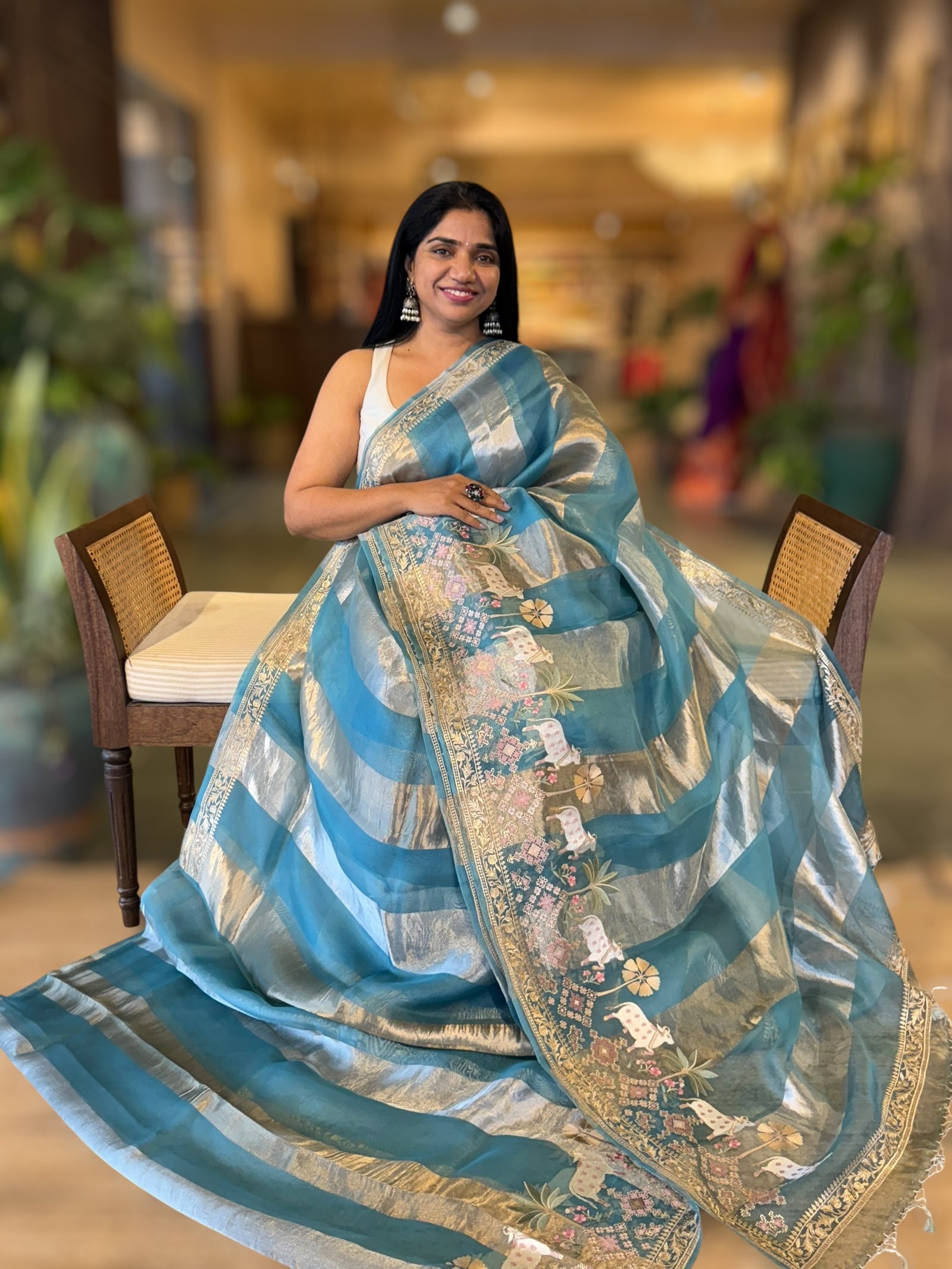 Blue Stripes Saree With Jamdani  & Pichwai embroidered Border