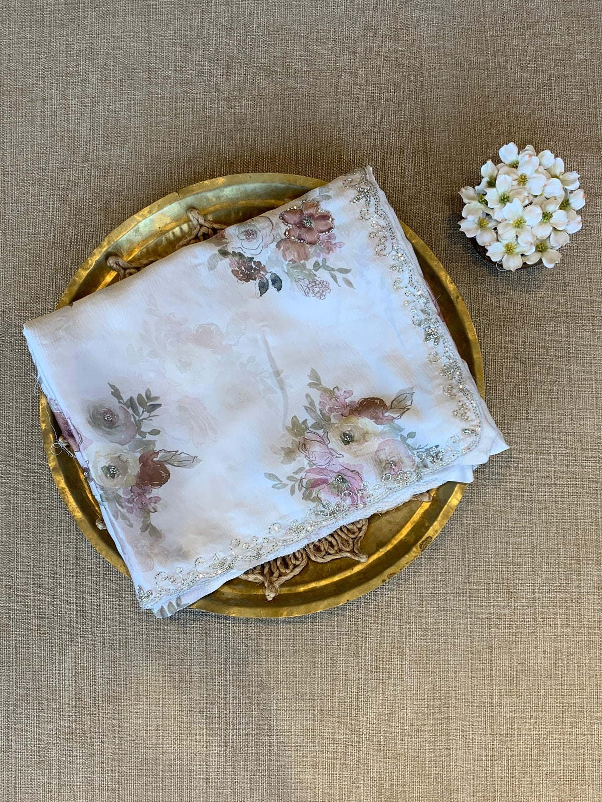 White Pure Chinnon Satin Crepe Saree With Floral Print &amp; Handwork Borders