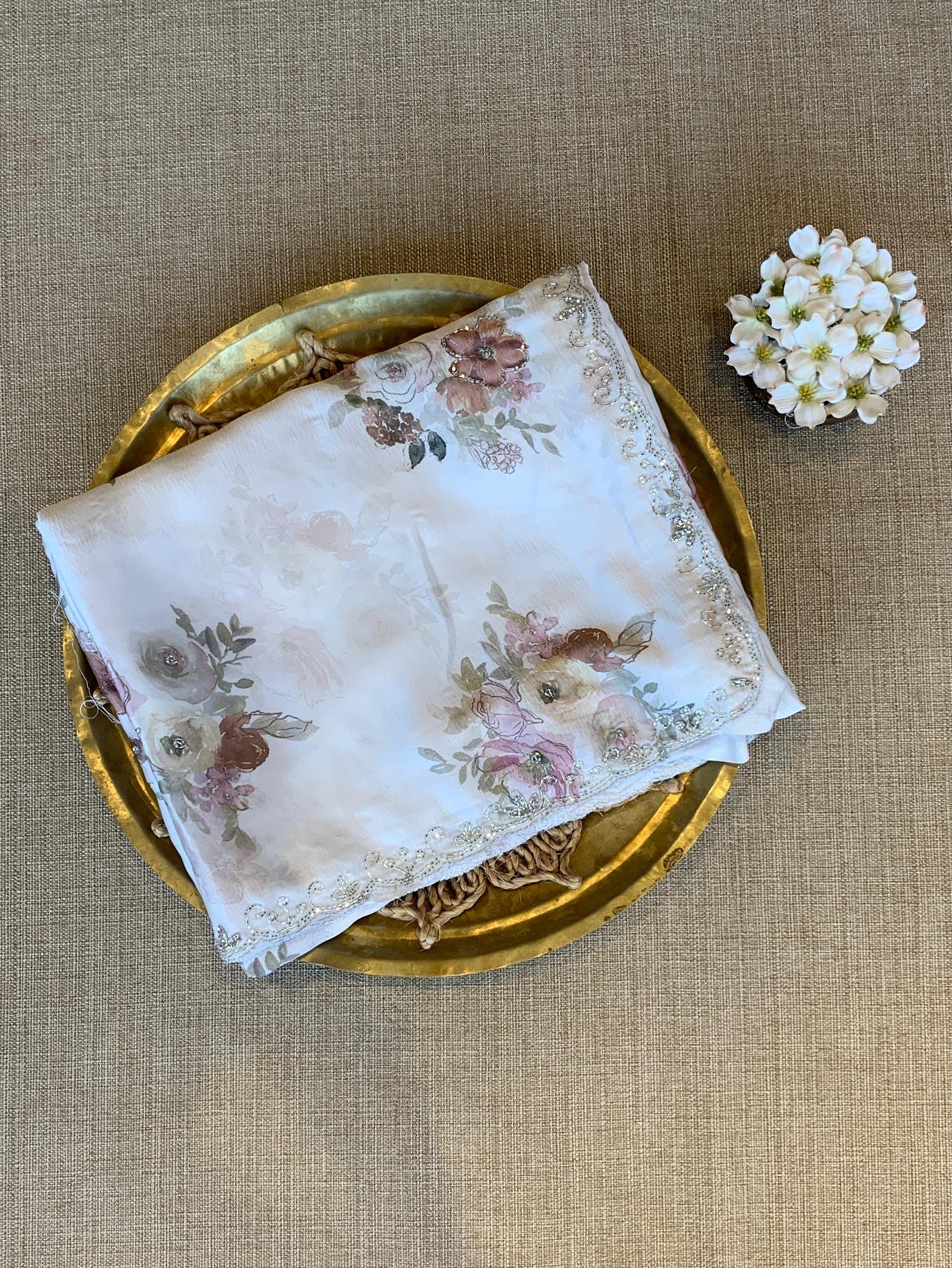 White Pure Chinnon Satin Crepe Saree With Floral Print & Handwork Borders