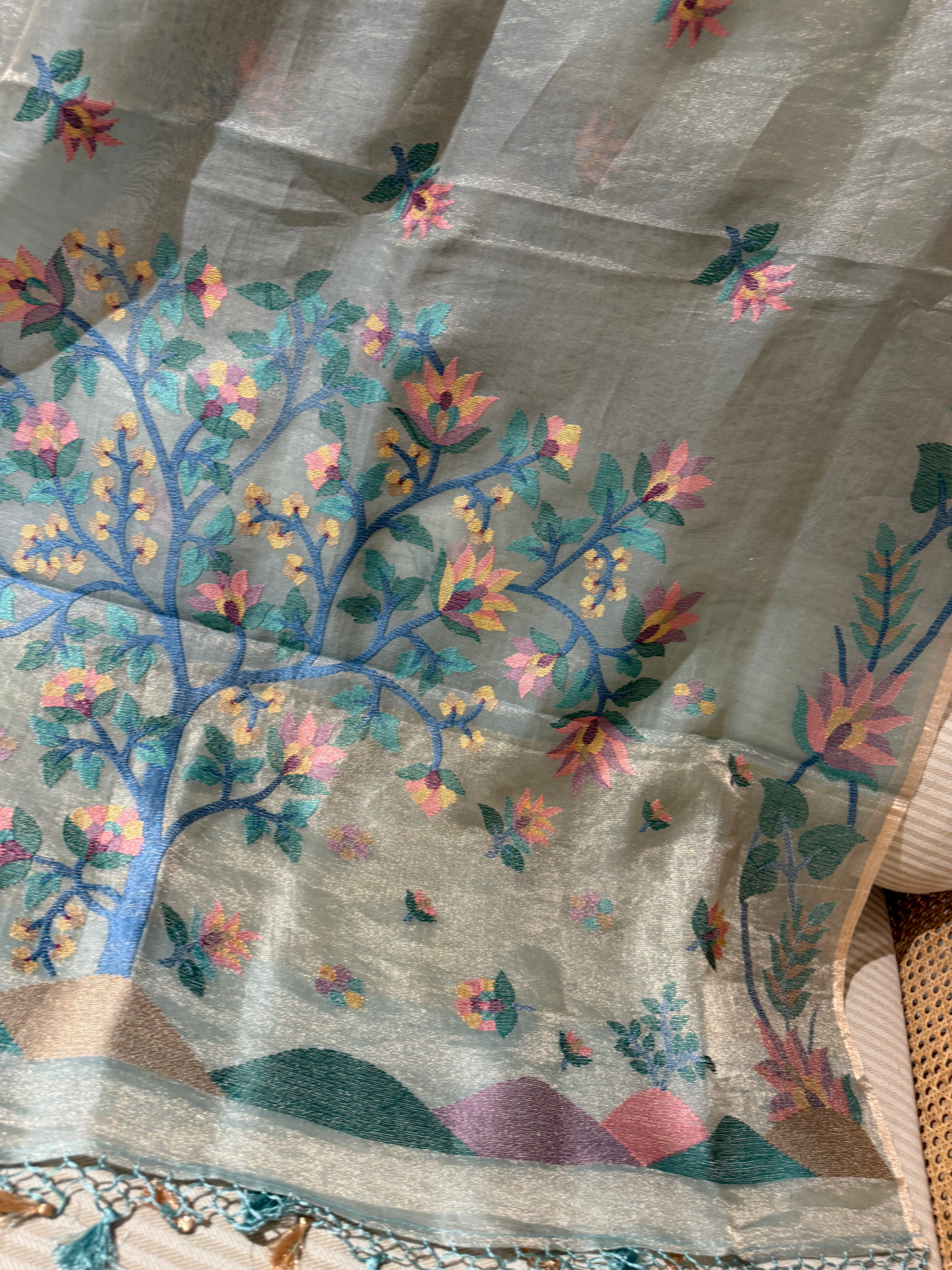 STJA209 :  Light Sea Blue Tissue With Jamdani Look Embroidery