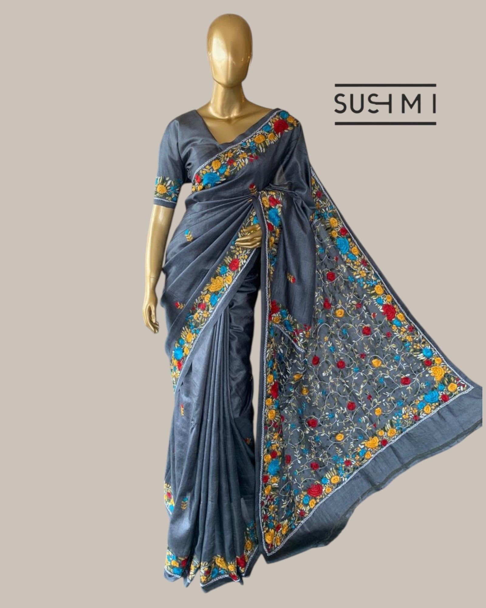 Elephant Grey Pure Tussar Saree with Parsi handwork