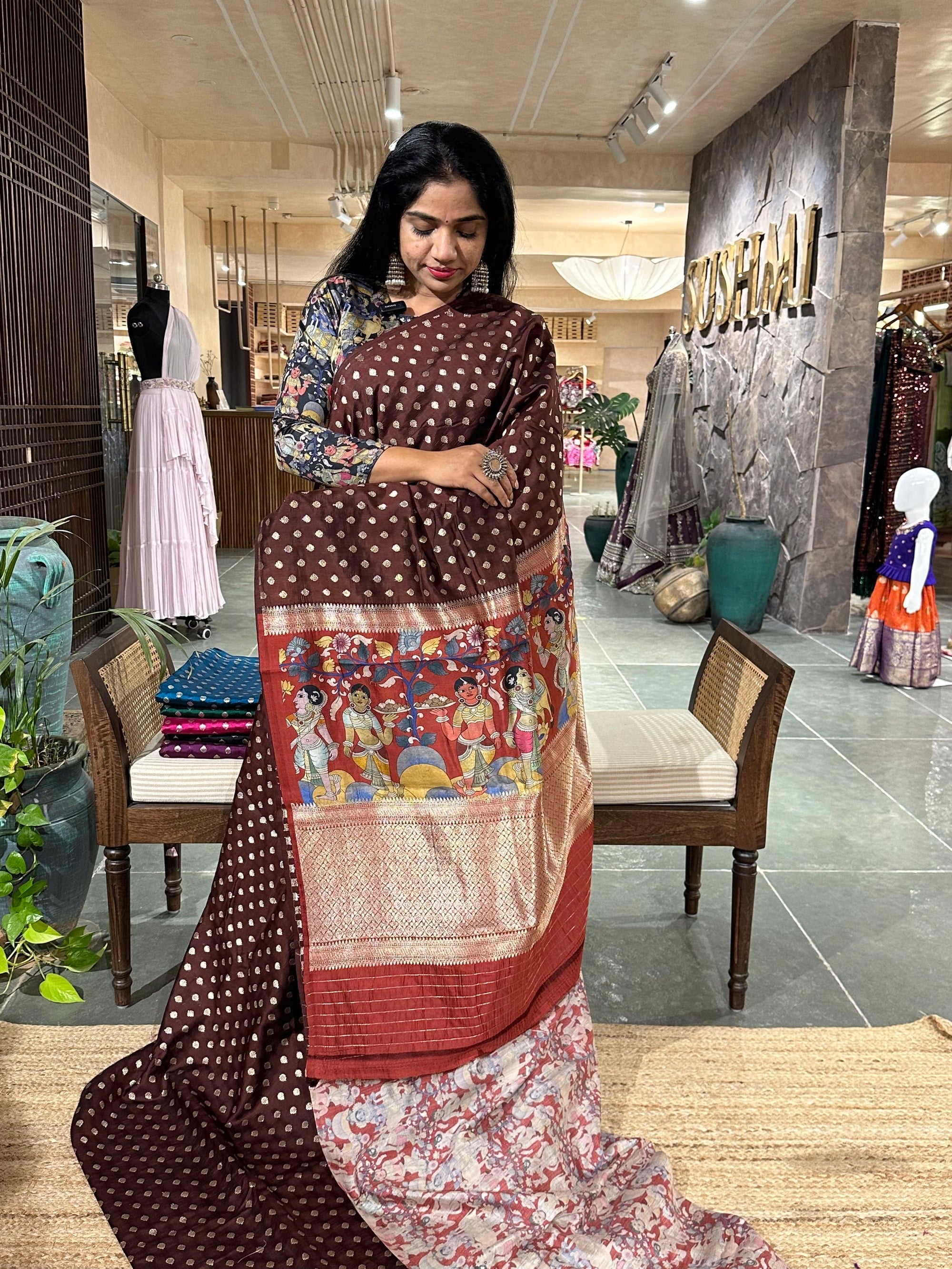 Banarasi chinia silk with krishna theme pallu-brown with burgundy