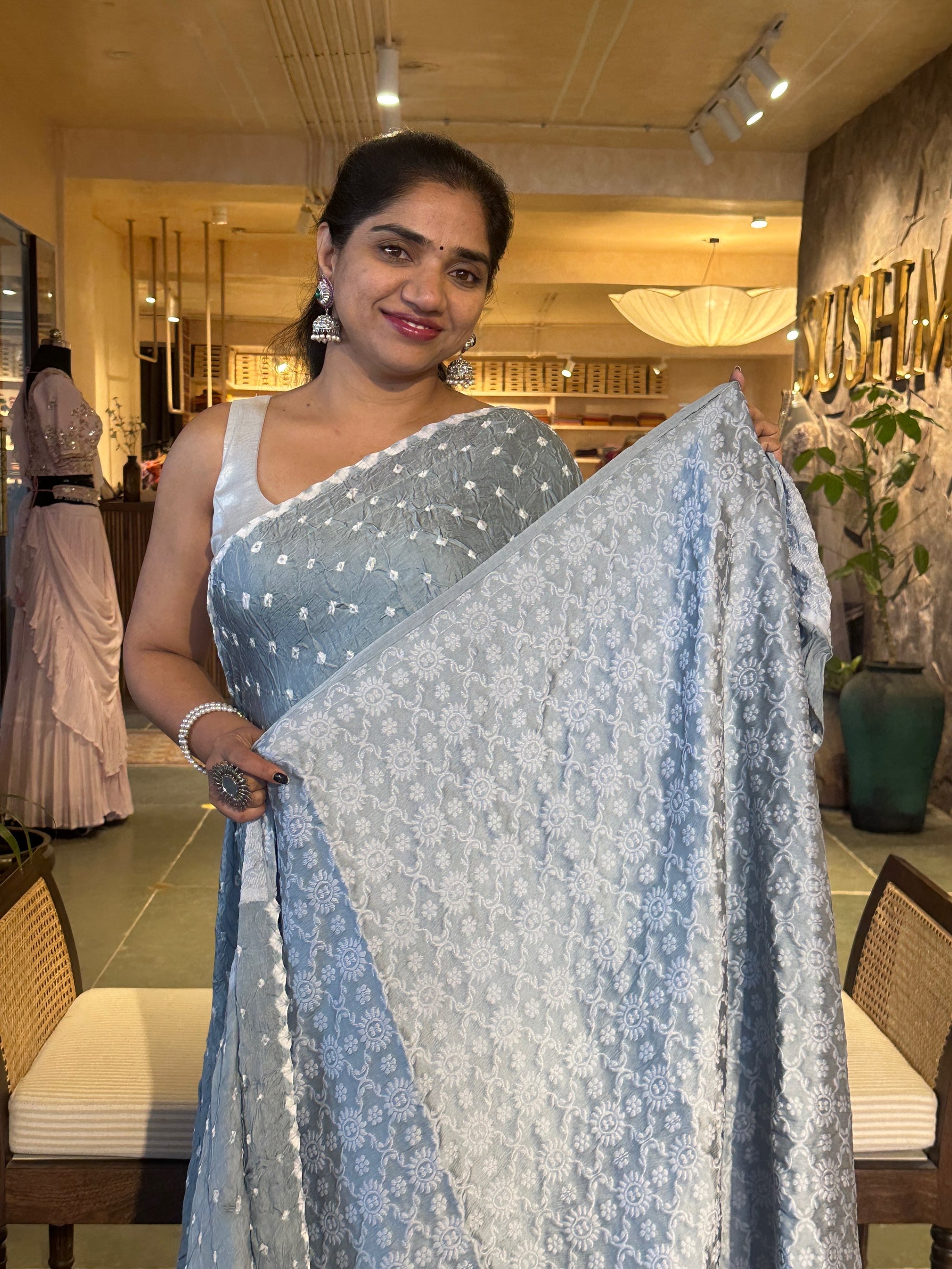 Bandhini and Chikankari Fusion Saree