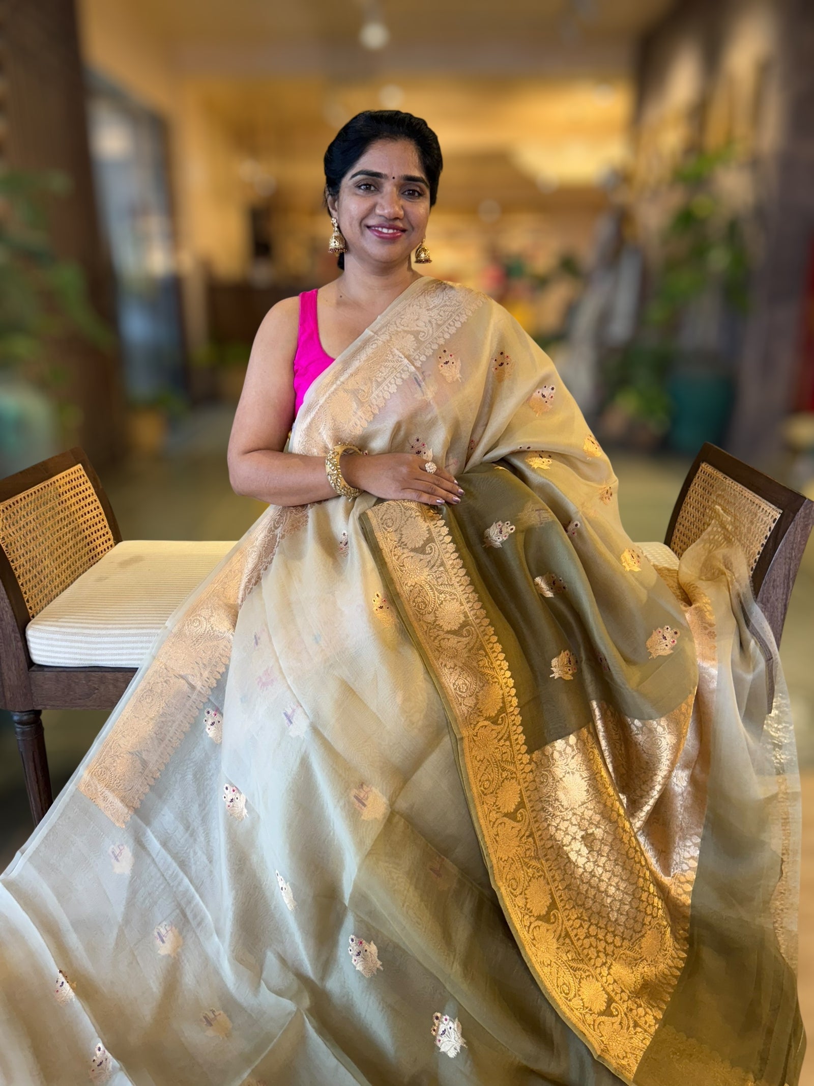 Olive Shaded Premium Kora Banarasi Saree with Allover Meenakari Kaduwa Motifs