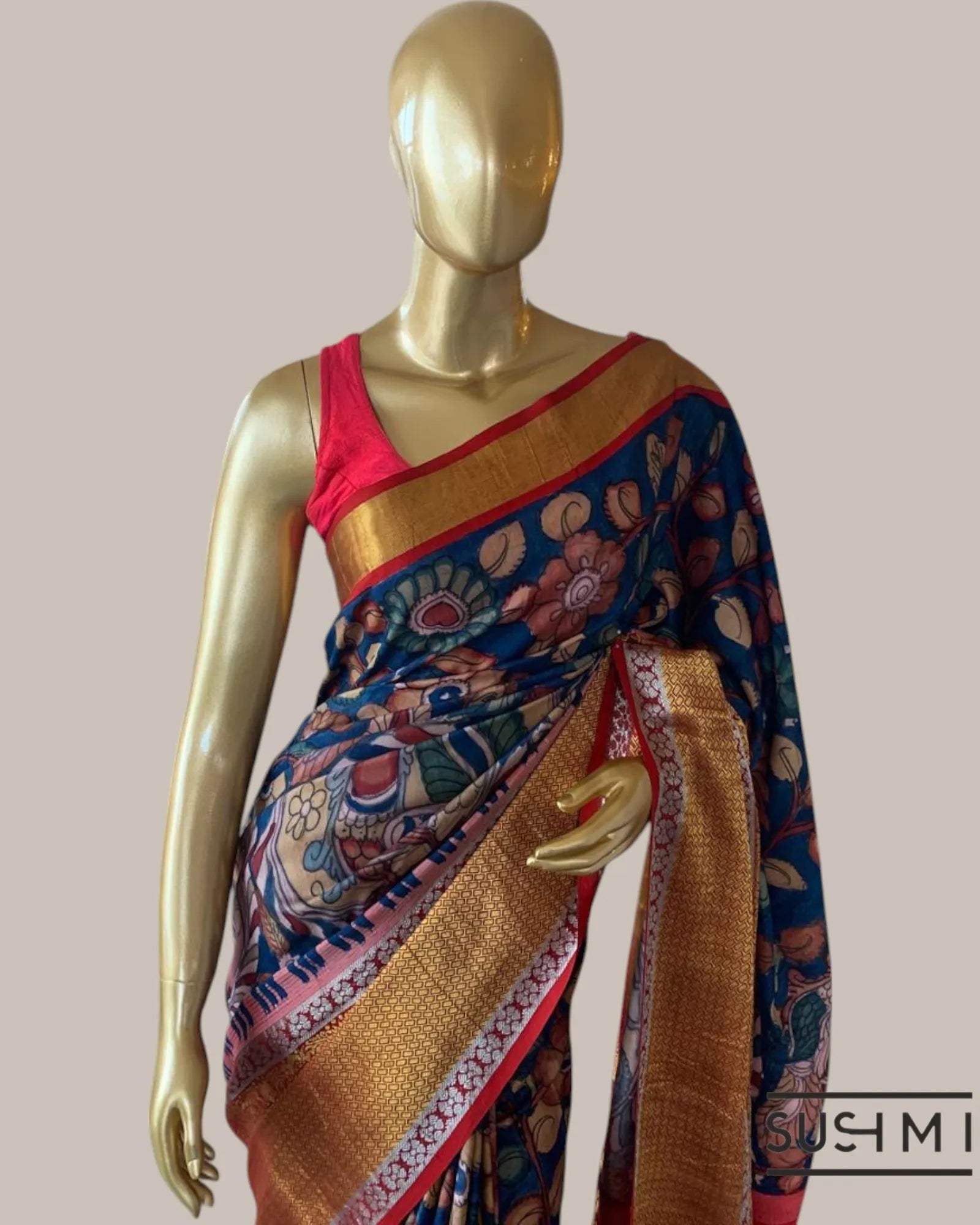 Blue Kanchi Pen kalamkari handpainted saree with heavy borders