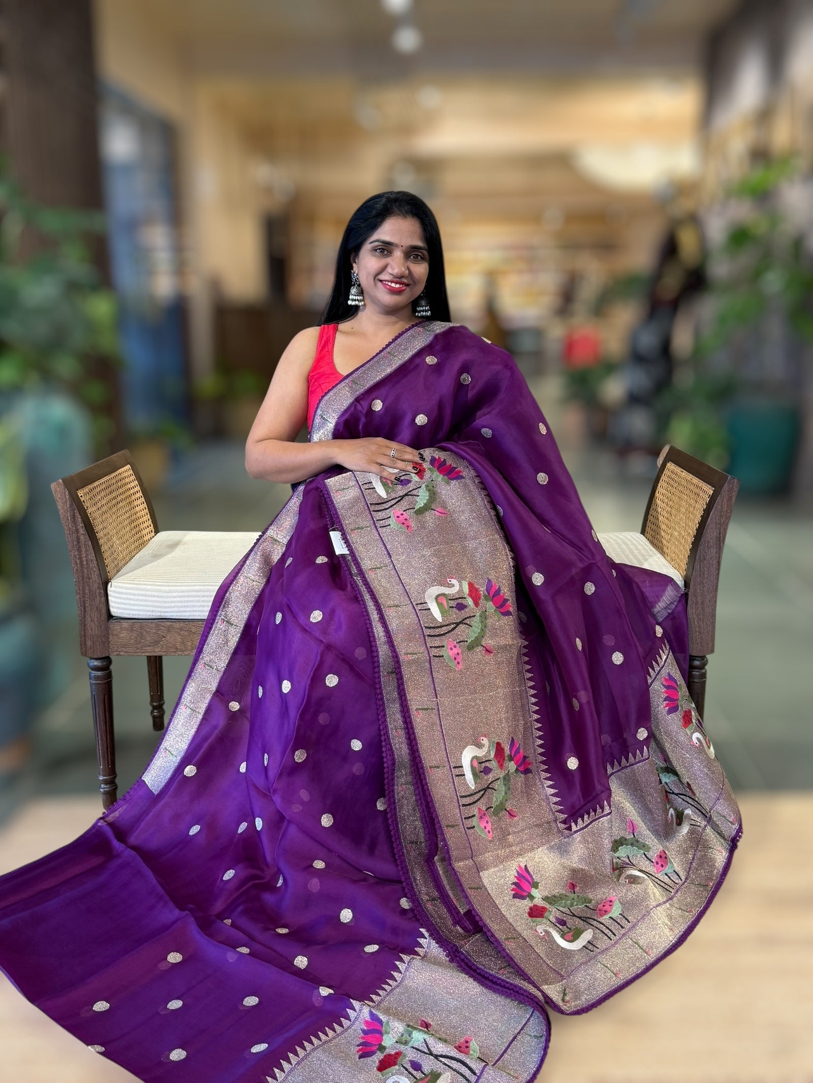 Purple Pure Organza Saree With Pythani Embroidered Border
