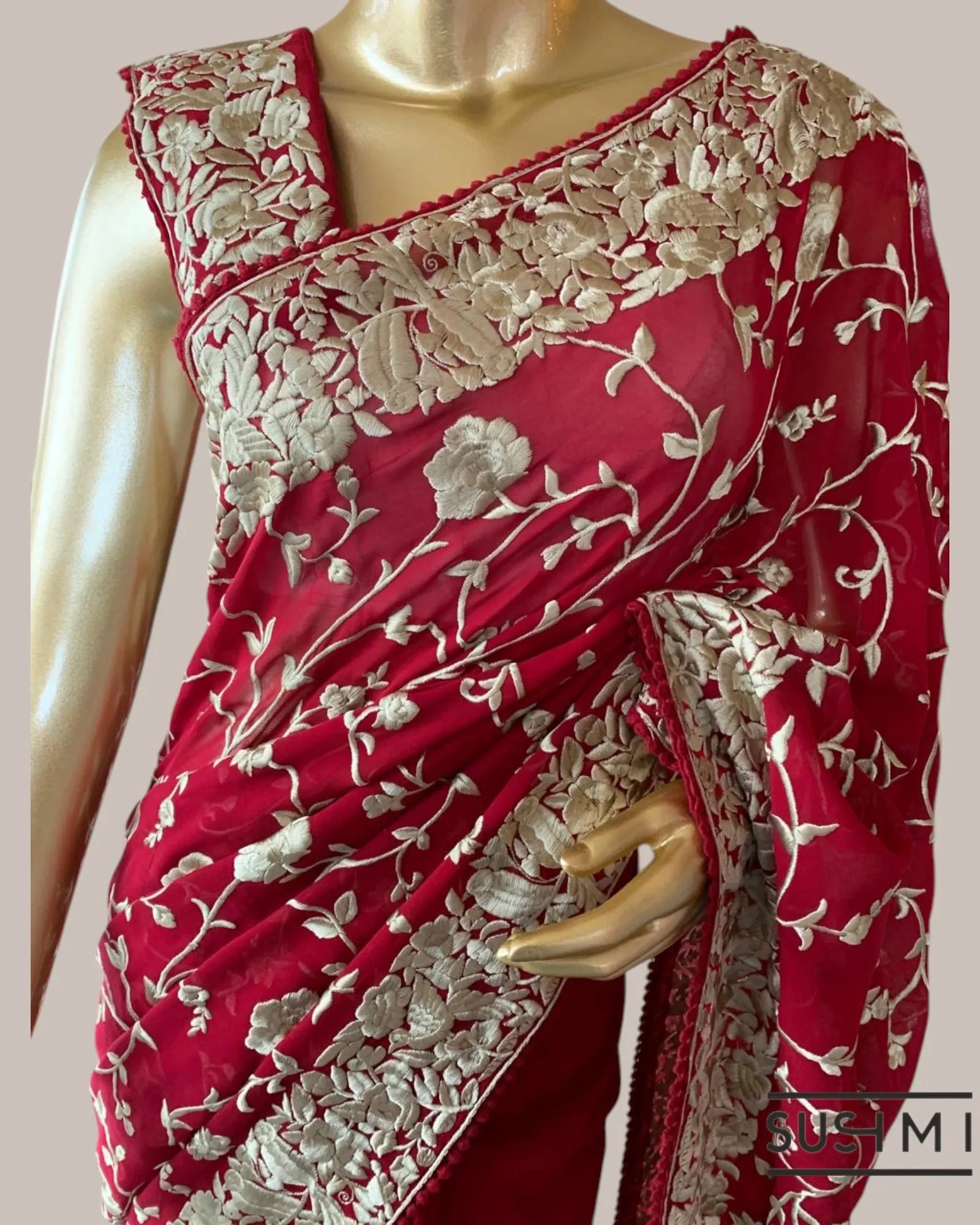 Ruby Pink Pure Gorgette Saree With Parsi Gara Style Allover Embroidery   Origina