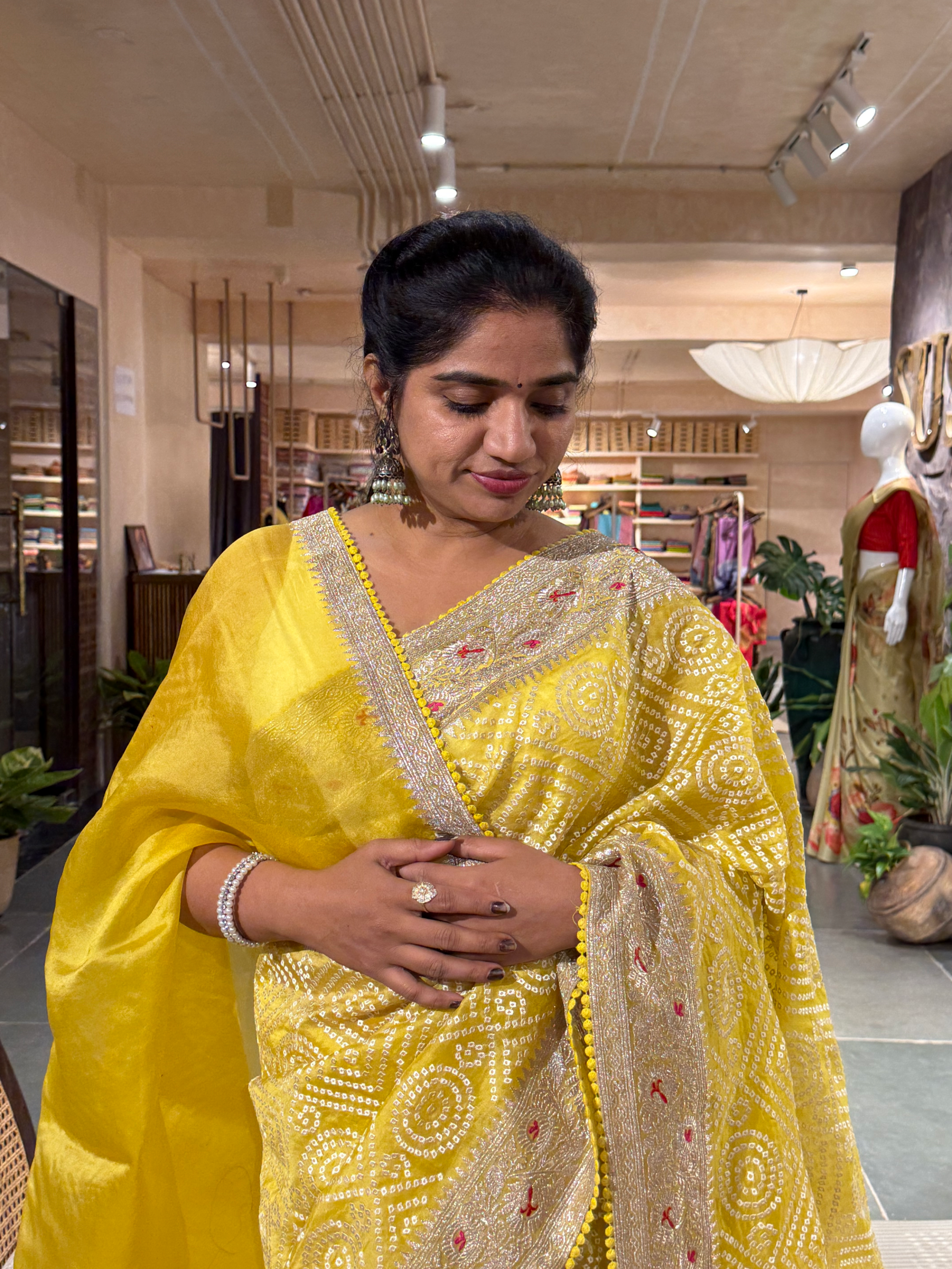 SOBBM171: Lemon Yellow Organza Banarasi with Bandhini Look Allover Embroidery