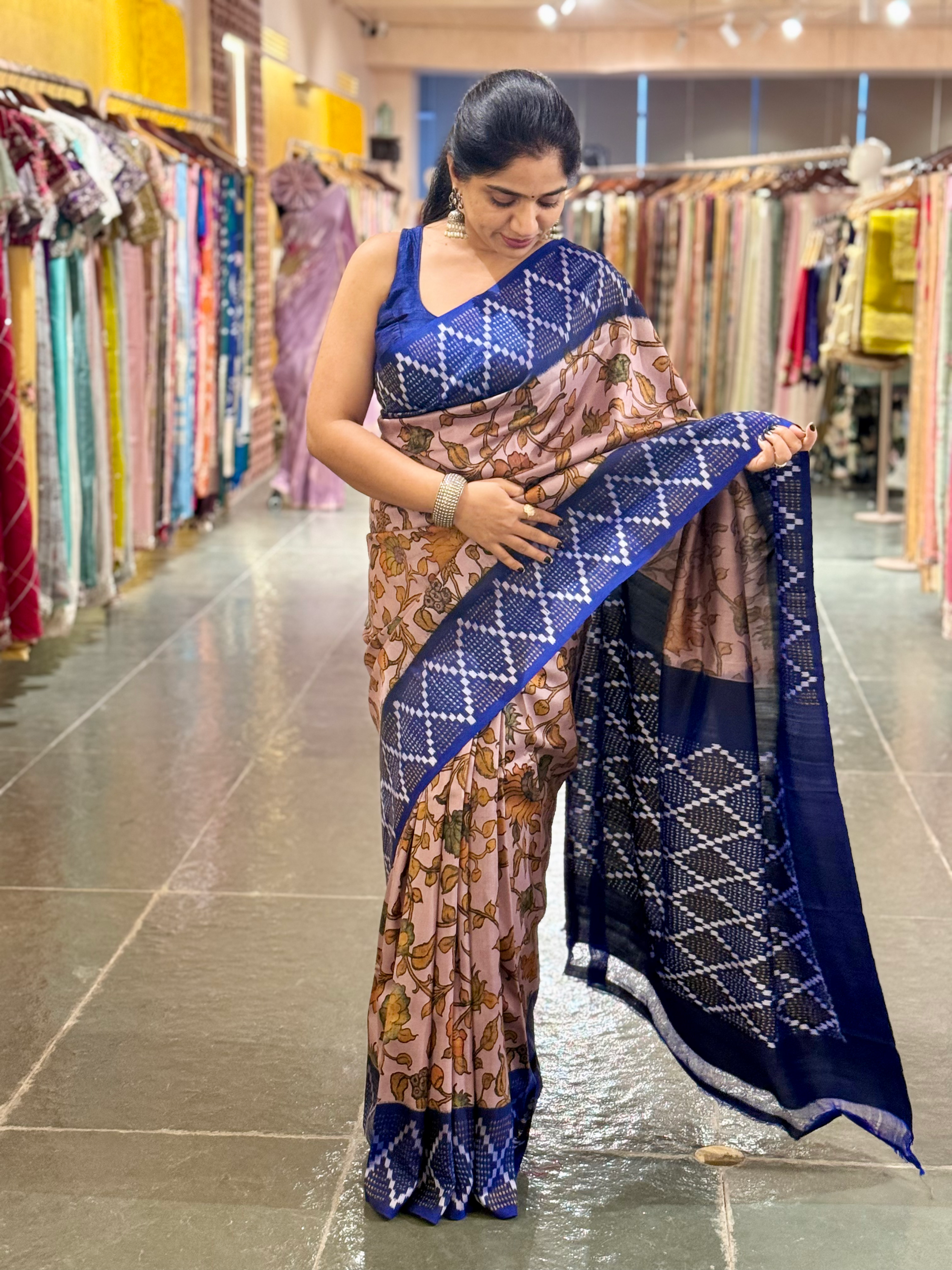 Ikkath Patola Sarees with Pen Kalamkari Style Digital  Prints