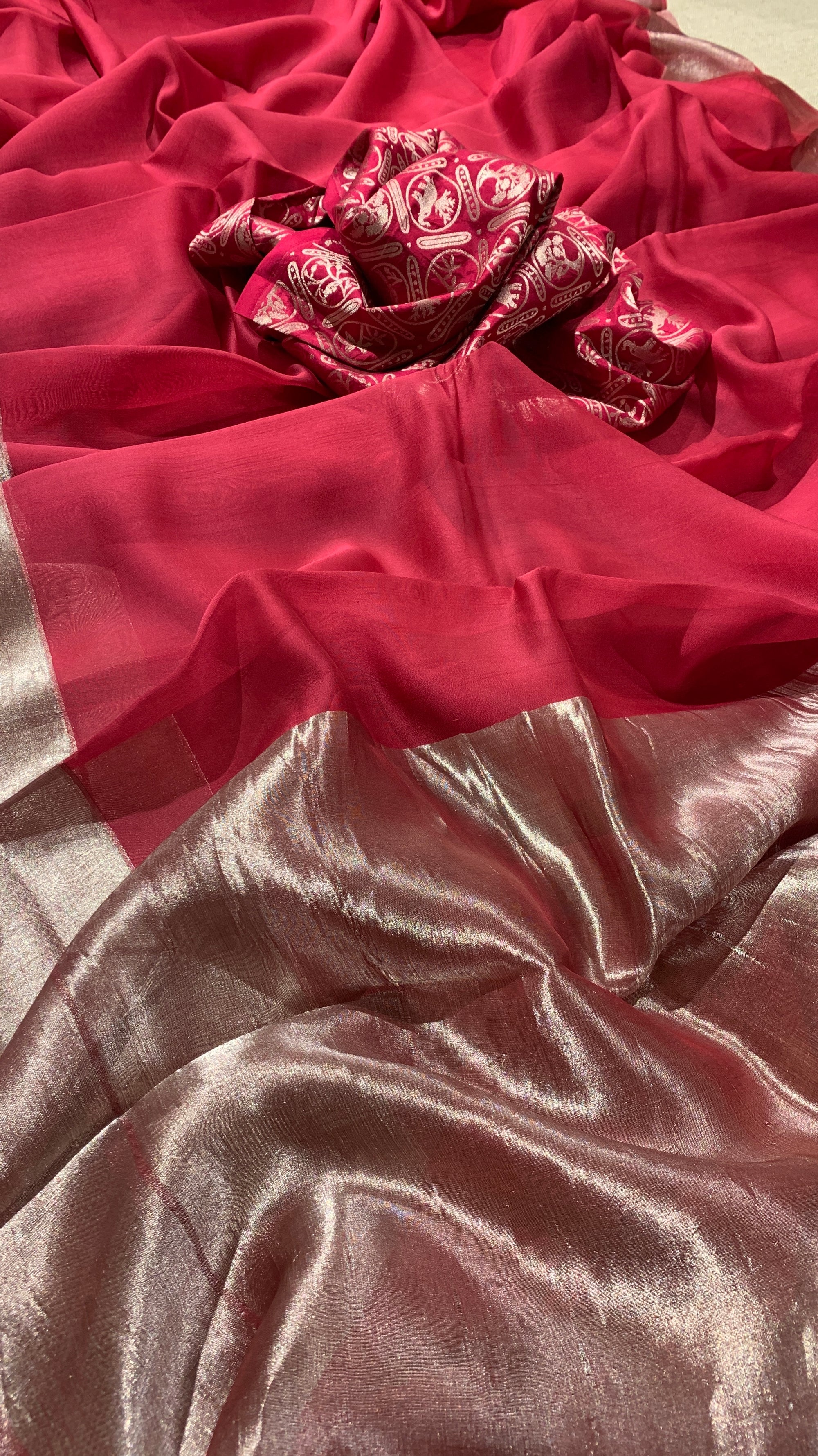 Dark Pink Tussar Kora Saree Wth Tissue Border & Pallu Paired Wth Brocade Blouse