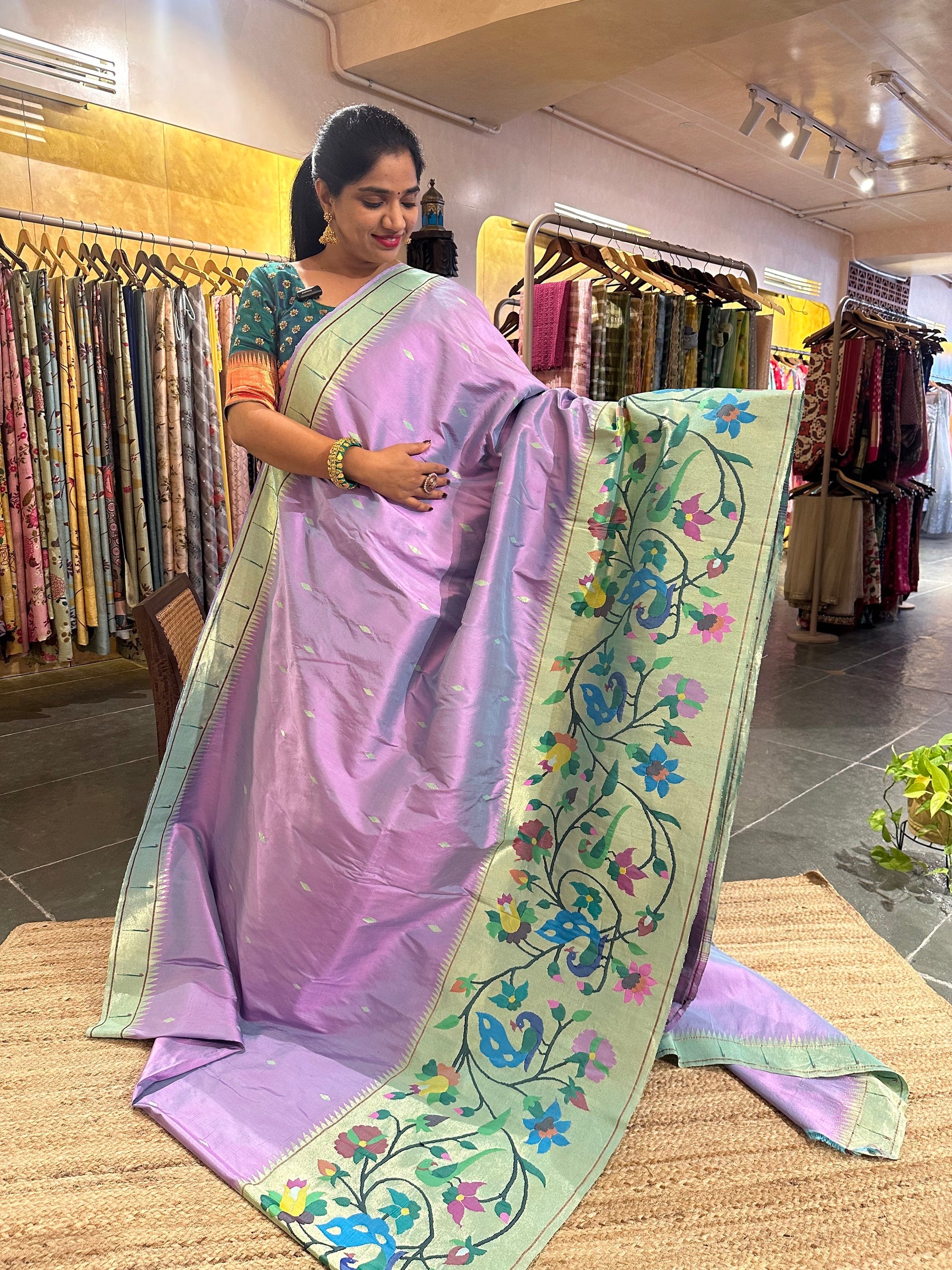 Lilac and Seablue Combo Half allover Pure Handloom Paithani Saree