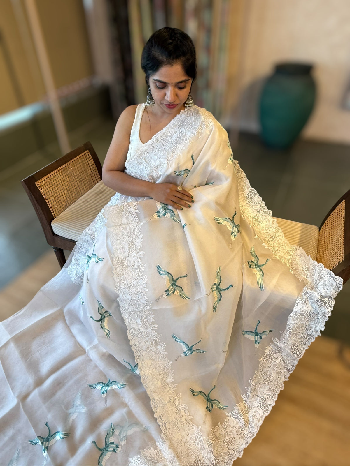 Ivory Organza Saree with Cutwork Borders &amp; Blue Cranes