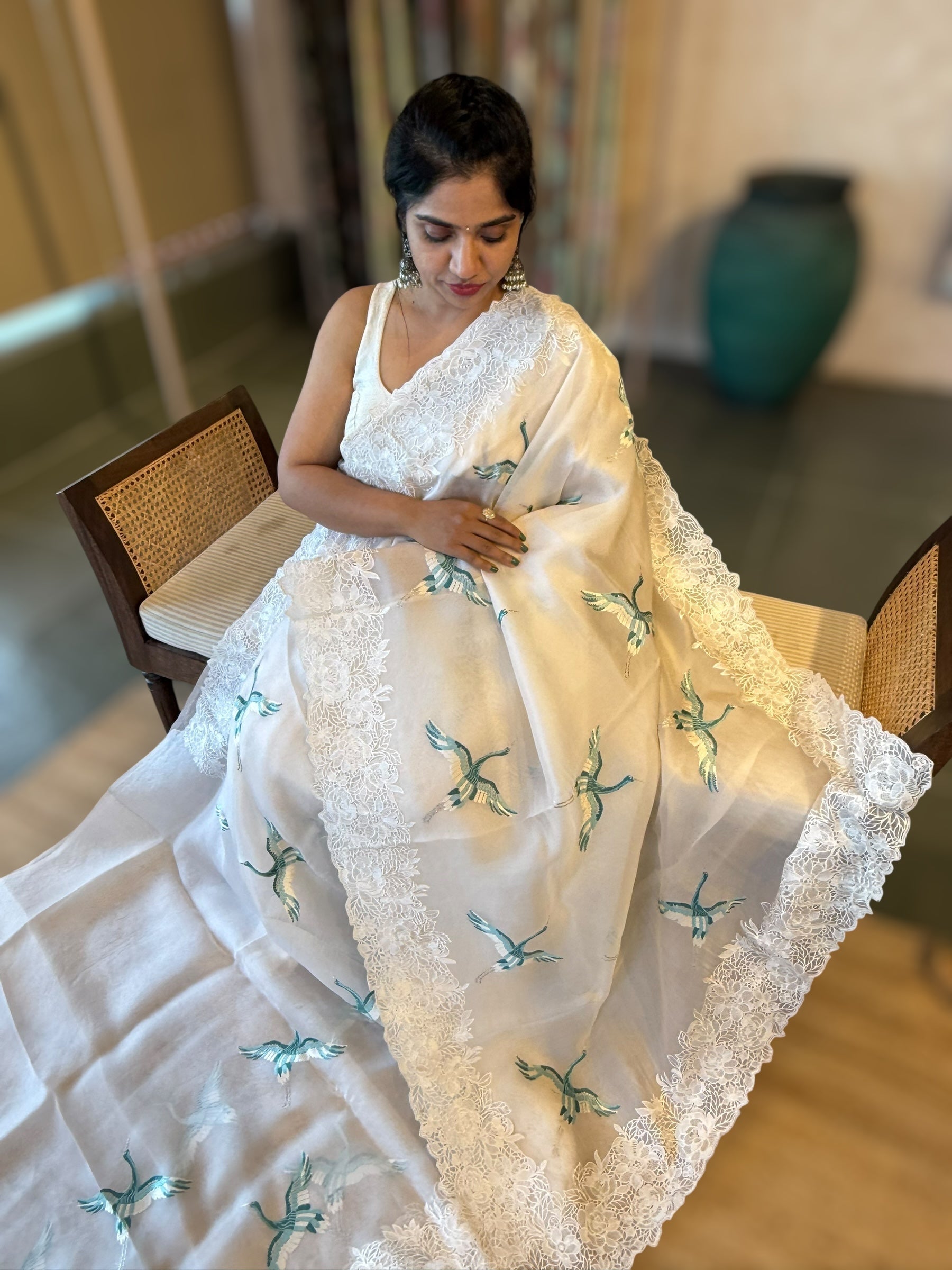 Ivory Organza Saree with Cutwork Borders & Blue Cranes
