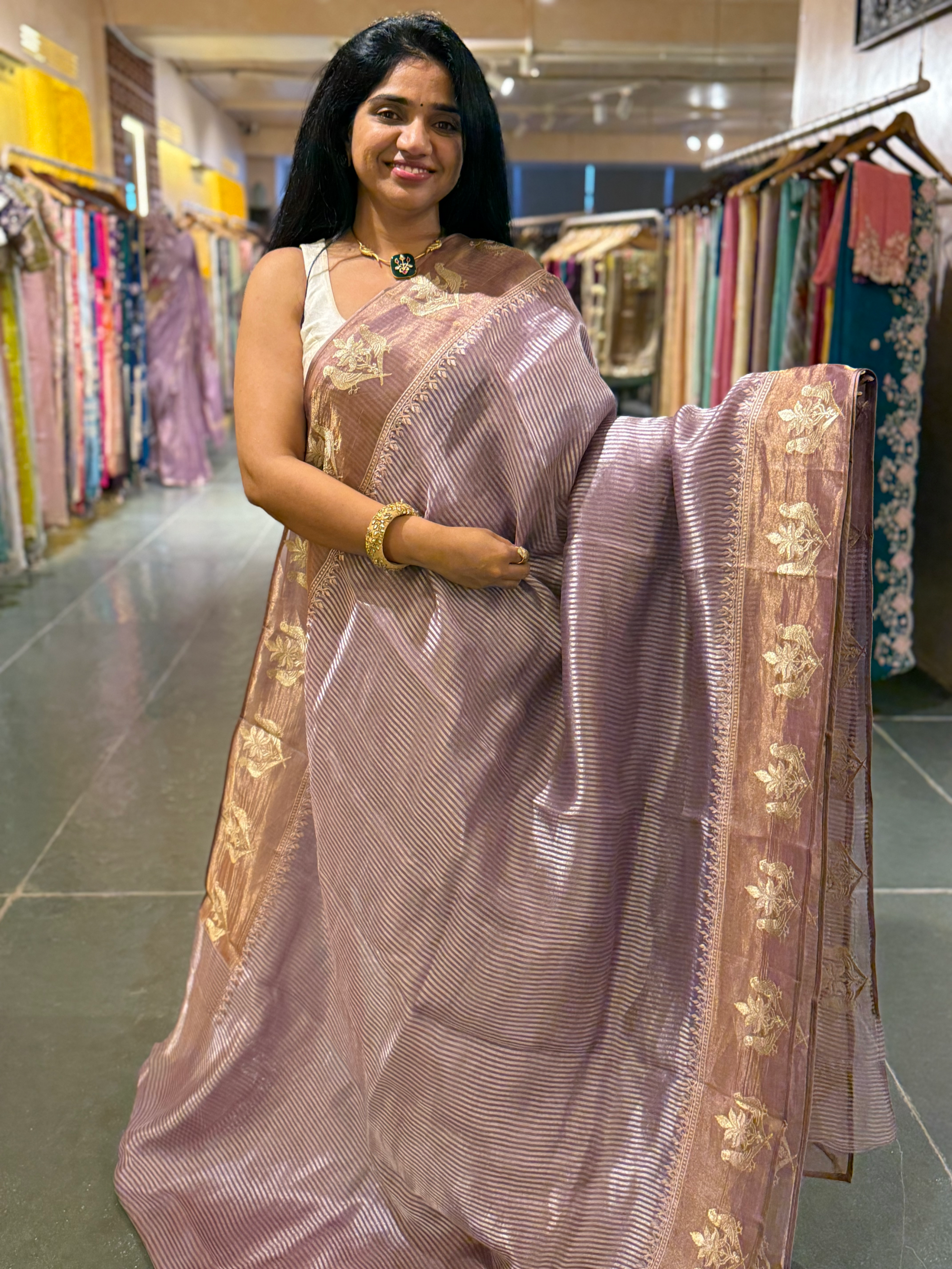 Mauve Kora Tissue Silver Zari stripes saree wth tissue Embroidered Border