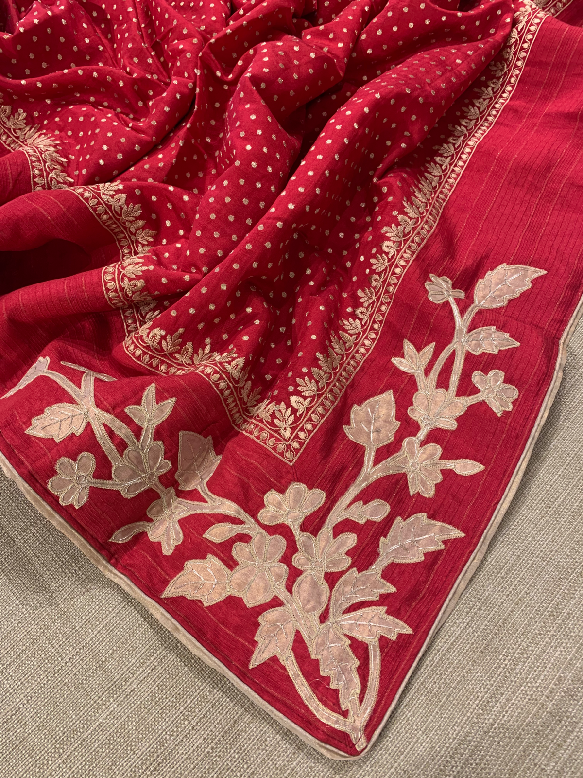 Red Chiniya Silk Saree with Embroidery Border & Applique Creeper Pallu