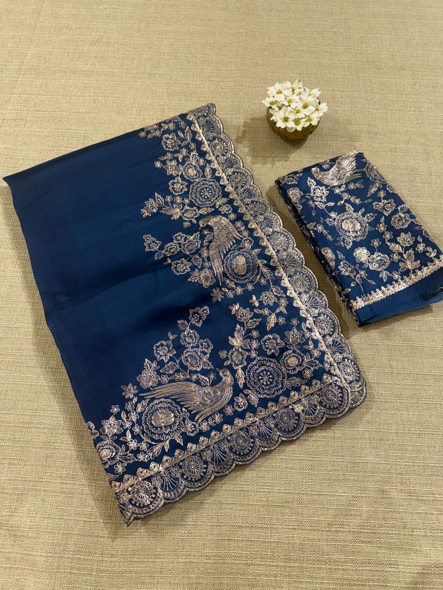 Midnight blue Pure organza Saree with pita emb