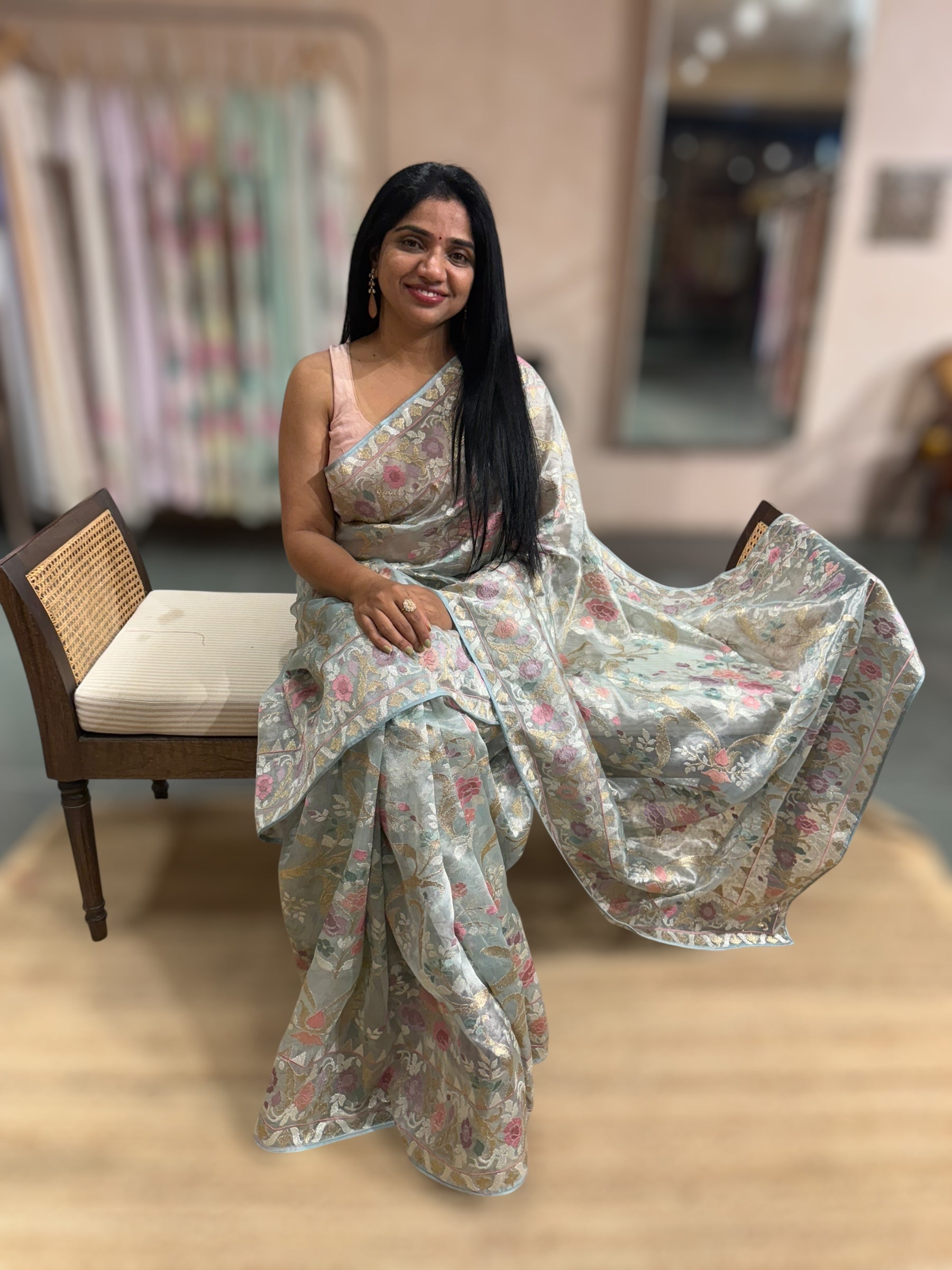 Powder Blue Pure Tissue With Jamdani Inspired Allover Embroidery