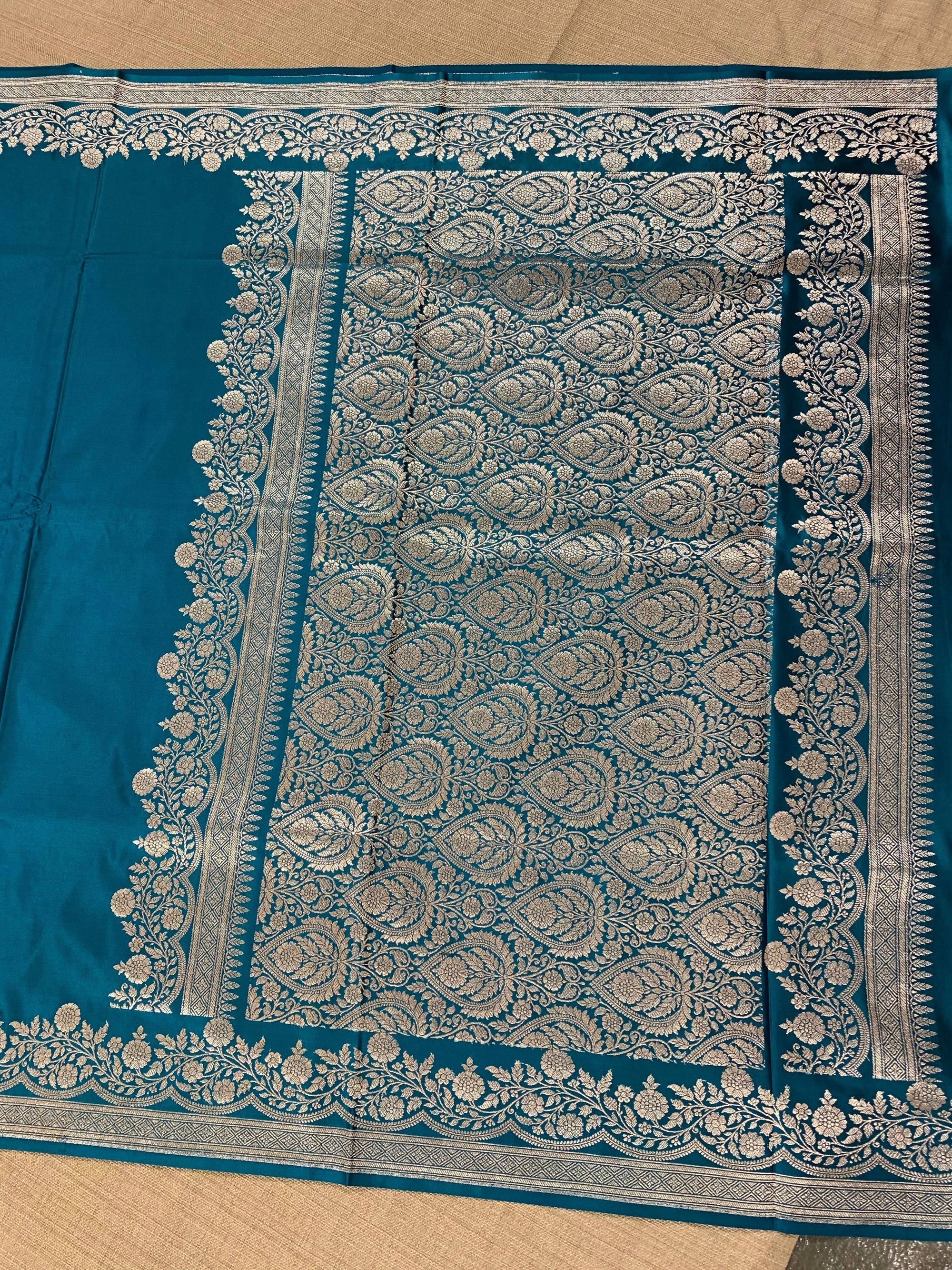 SMSSA228  Peacock Blue Mashru Silk Saree With Scallop Border
