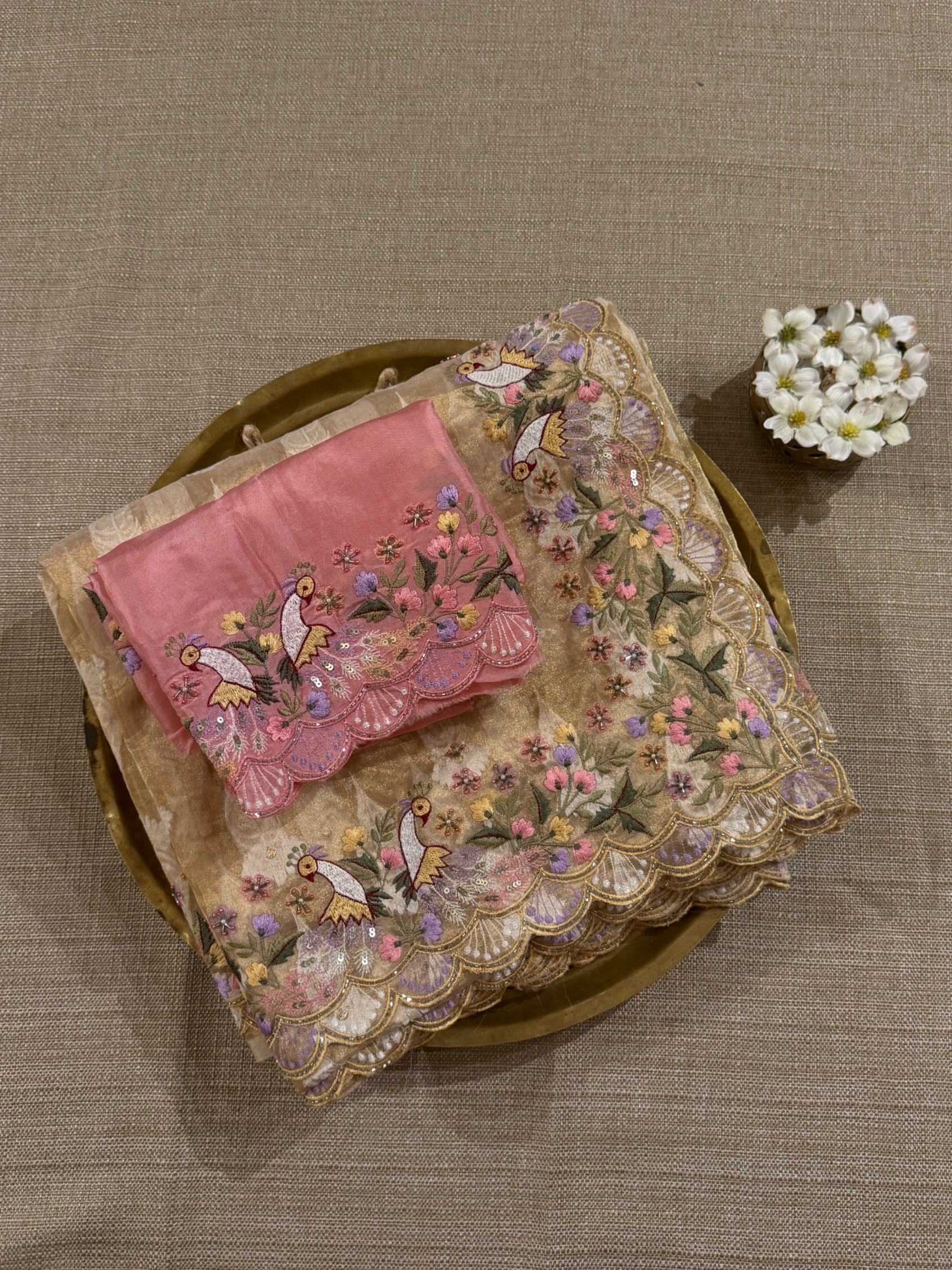 GTEA2002 : Pure Handloom Gold Tissue Saree With handwork borders and blouse