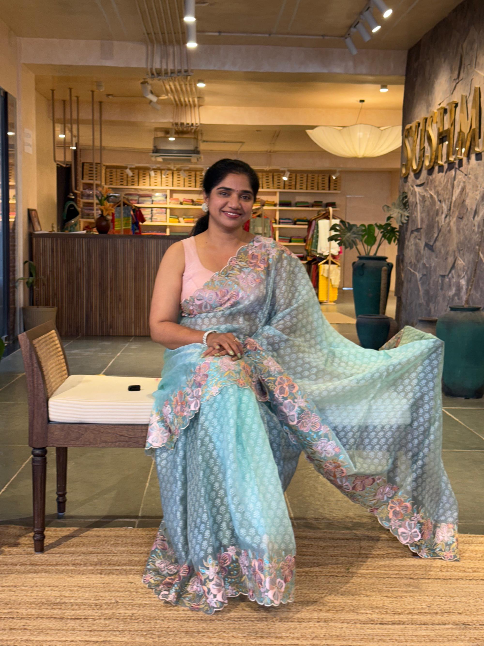 Blue Pure Organza Brasso Saree with Stunning Embroidered Border and Blouse