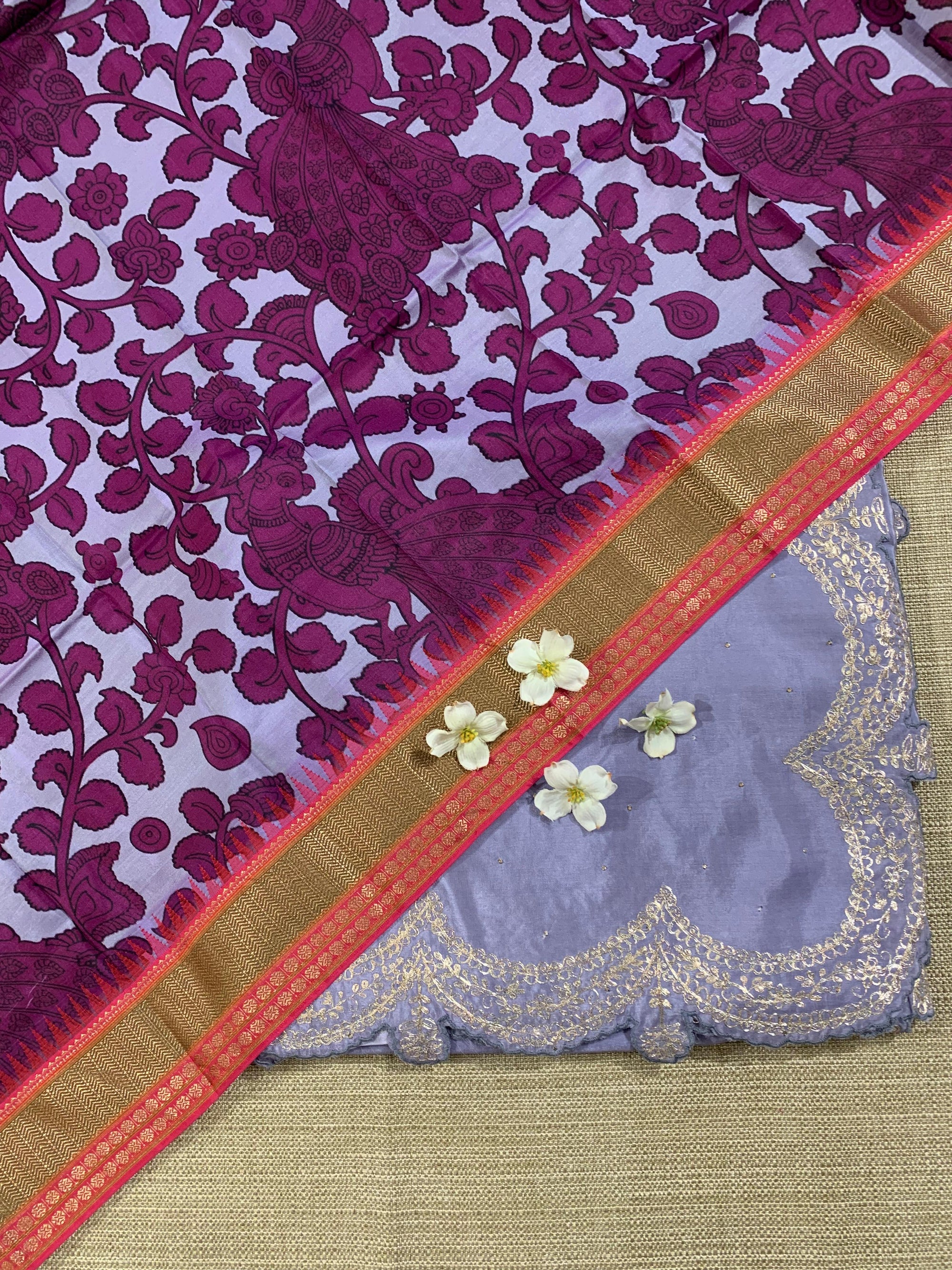 Bluish Lilac Crepe Silk Saree With Pita Work Scallop Border