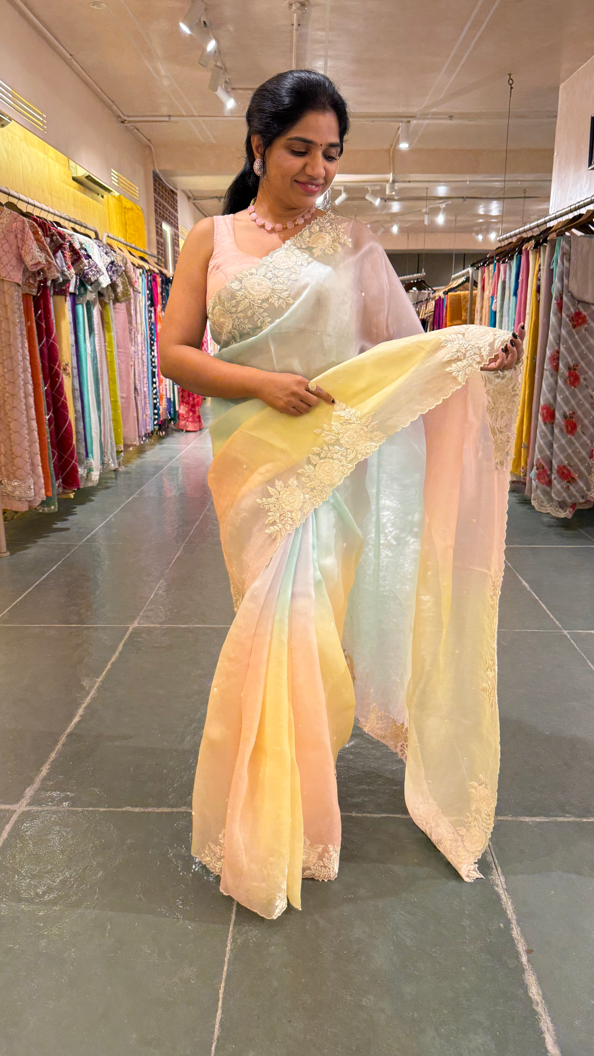Ombre Dyed Pure Organza Silk Saree with Embroidered Borders
