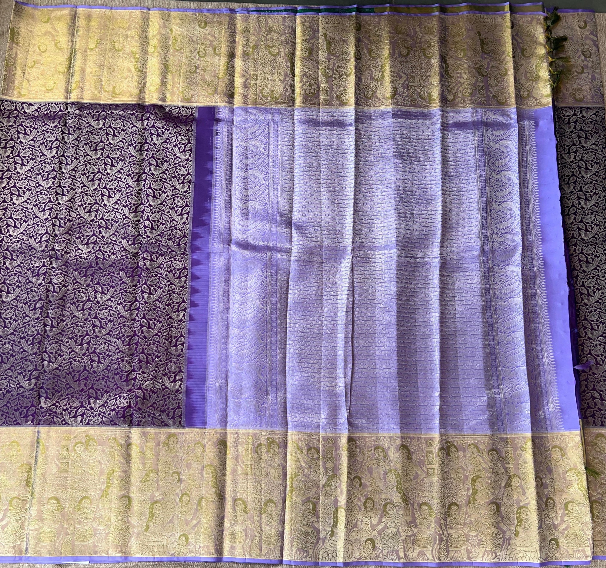 Royal Lavender Pure Kanchi Pattu Saree with Antique Gold Zari & Bird Vine Motif