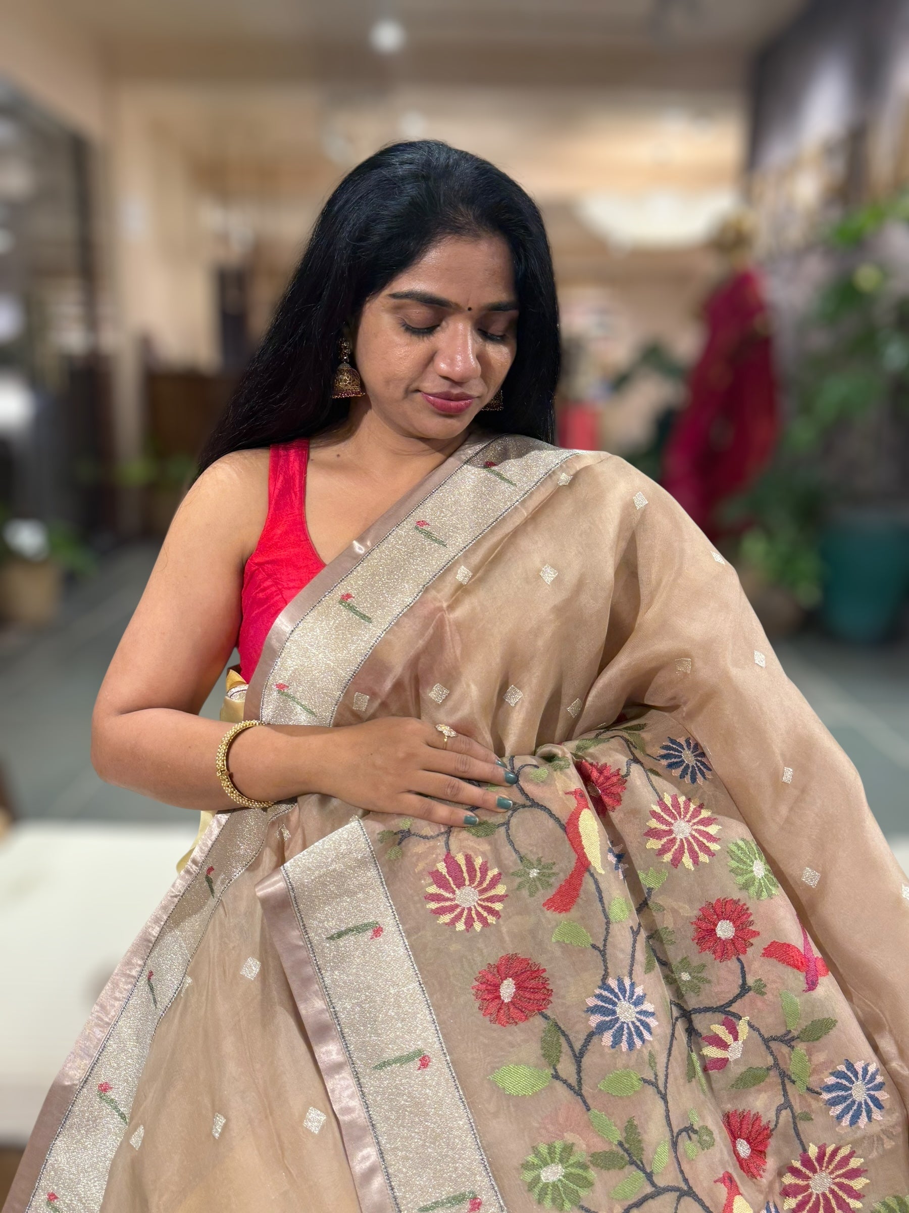 Pastel Emglish Brown Organza Silk Saree With Jamdani Inspired Embroidery