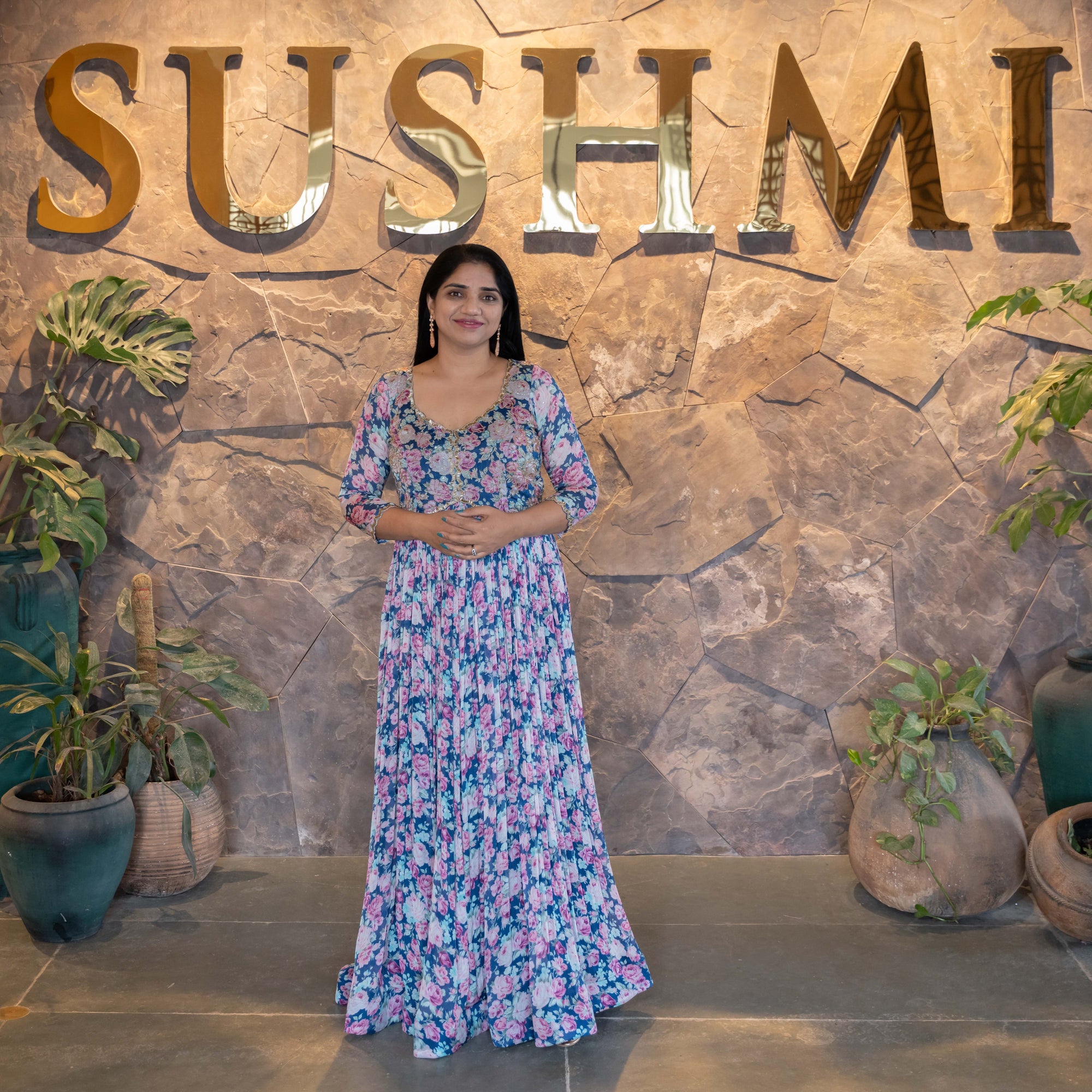 Pure Chinnon Printed Long Frock with handwork yoke