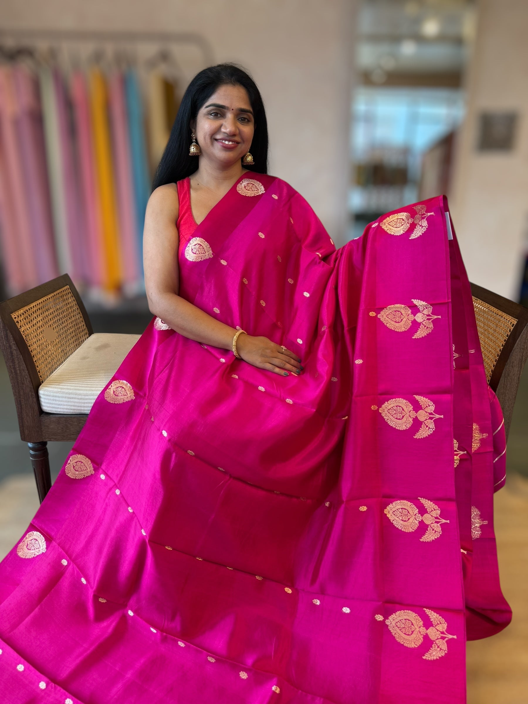 Rani Pink Banarasi Raw Mango Silk Saree with Open Borders & Kaduwa Woven Motifs