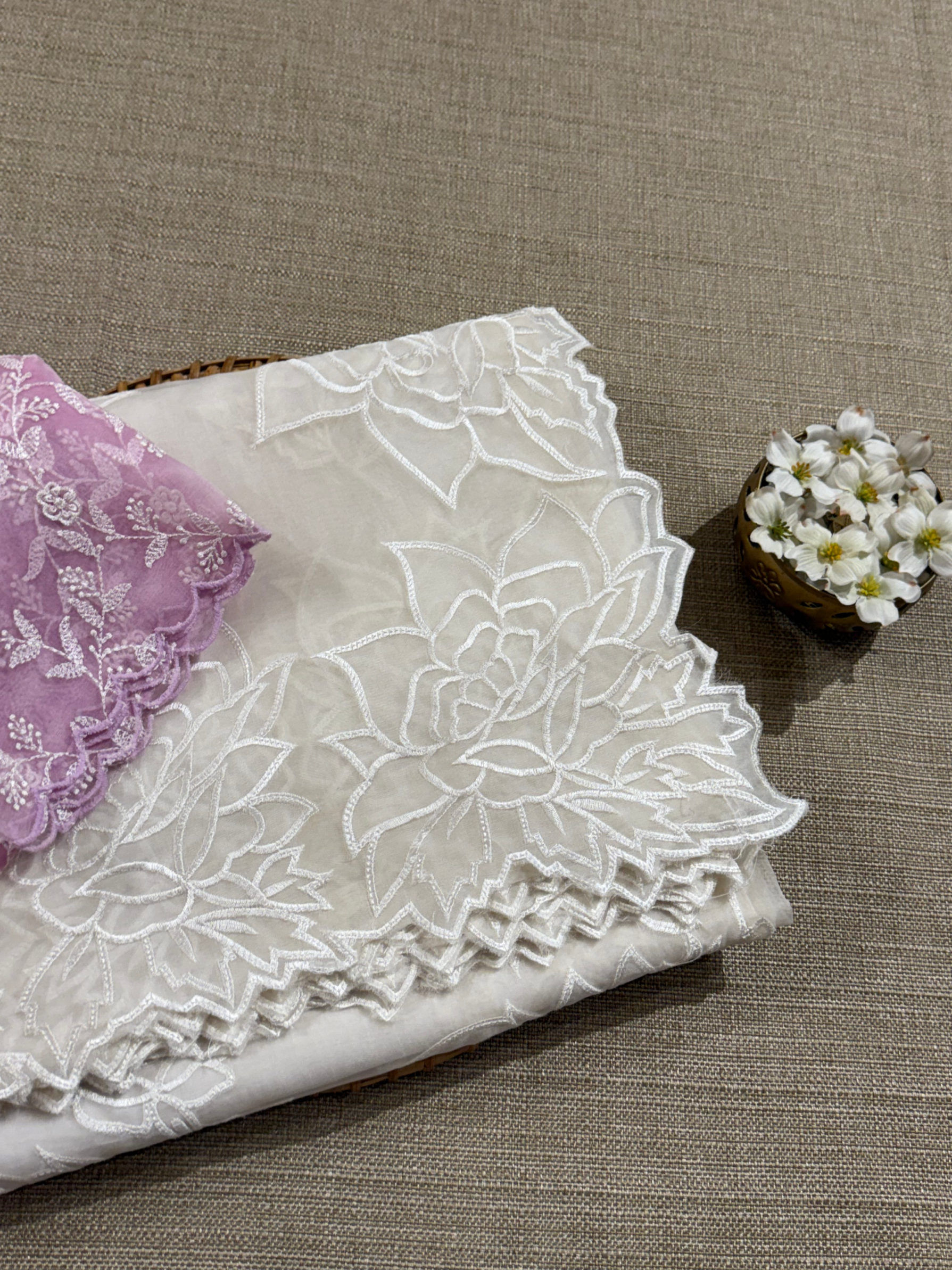 OROSEV1901 : White Organza Saree with Embroidered Rose Border