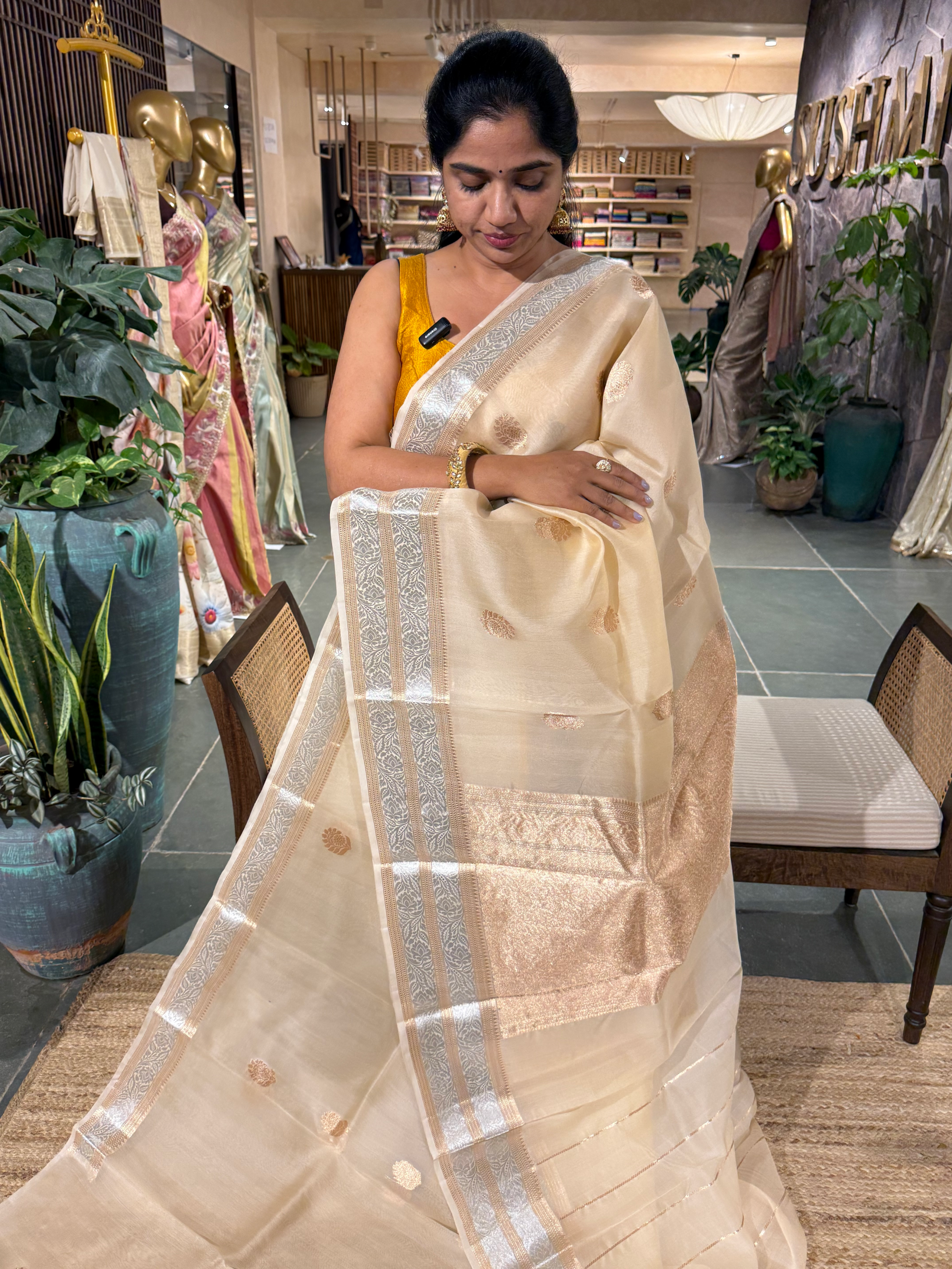 Beige Pure Handloom Kora Banarasi Saree with Gold and Silver  zari borders