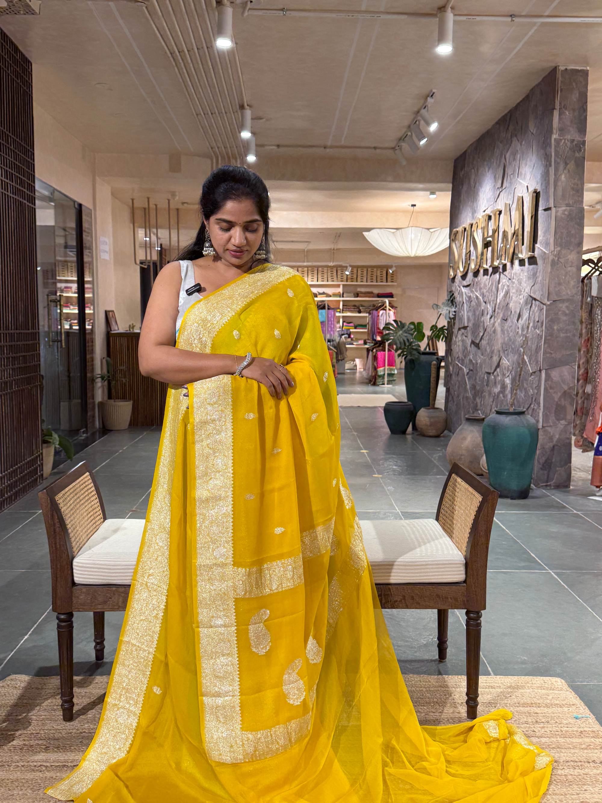 Mango Yellow Banarasi Handloom Khaddi Chiffon Saree with silver