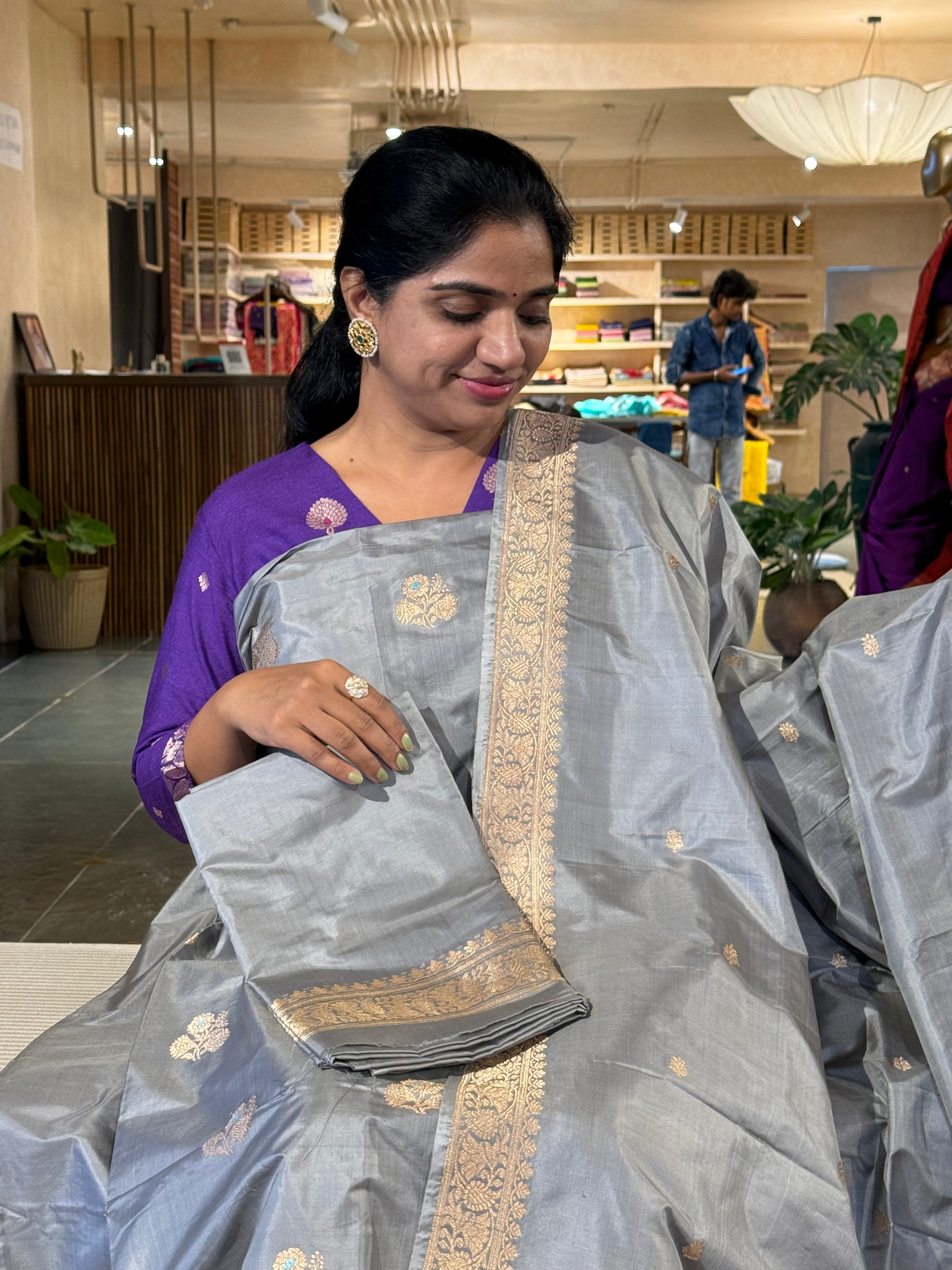 Grey Pure Handloom Katan Silk  3 pc Suit Set with  kaduwa weaving