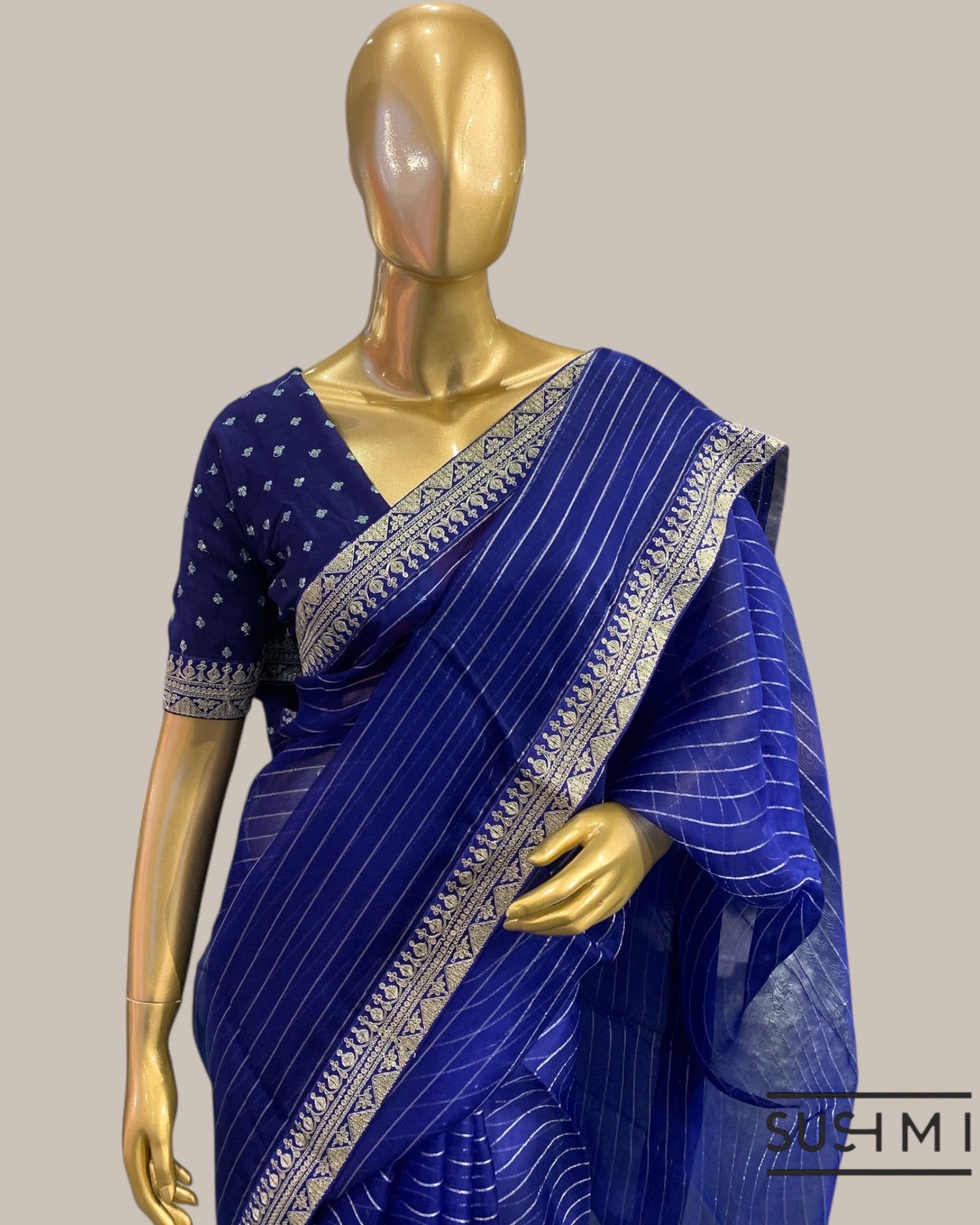 Royal Blue Organza Saree with Zari stripes Hemlined with sabhyasachi border and