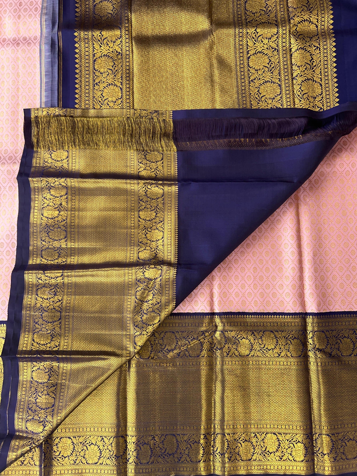Elegant Pink Pure Kanchi Pattu Silk Saree with Midnight Blue Zari Border