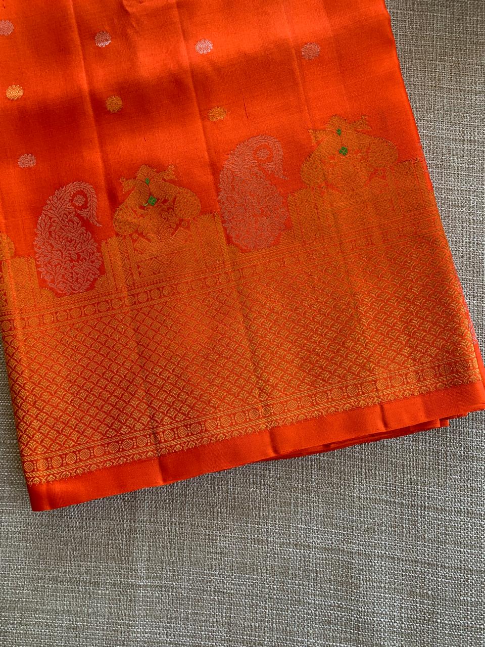 Orange  Pure Handloom Gadwal Saree Turning Borders