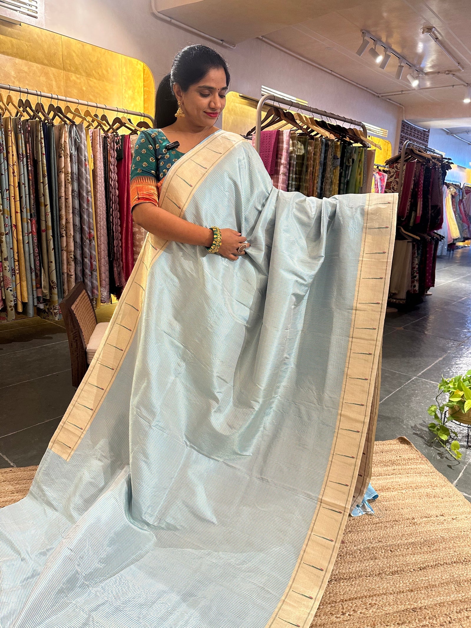 Light Blue single Muniya Pure Paithani saree withallover stripes
