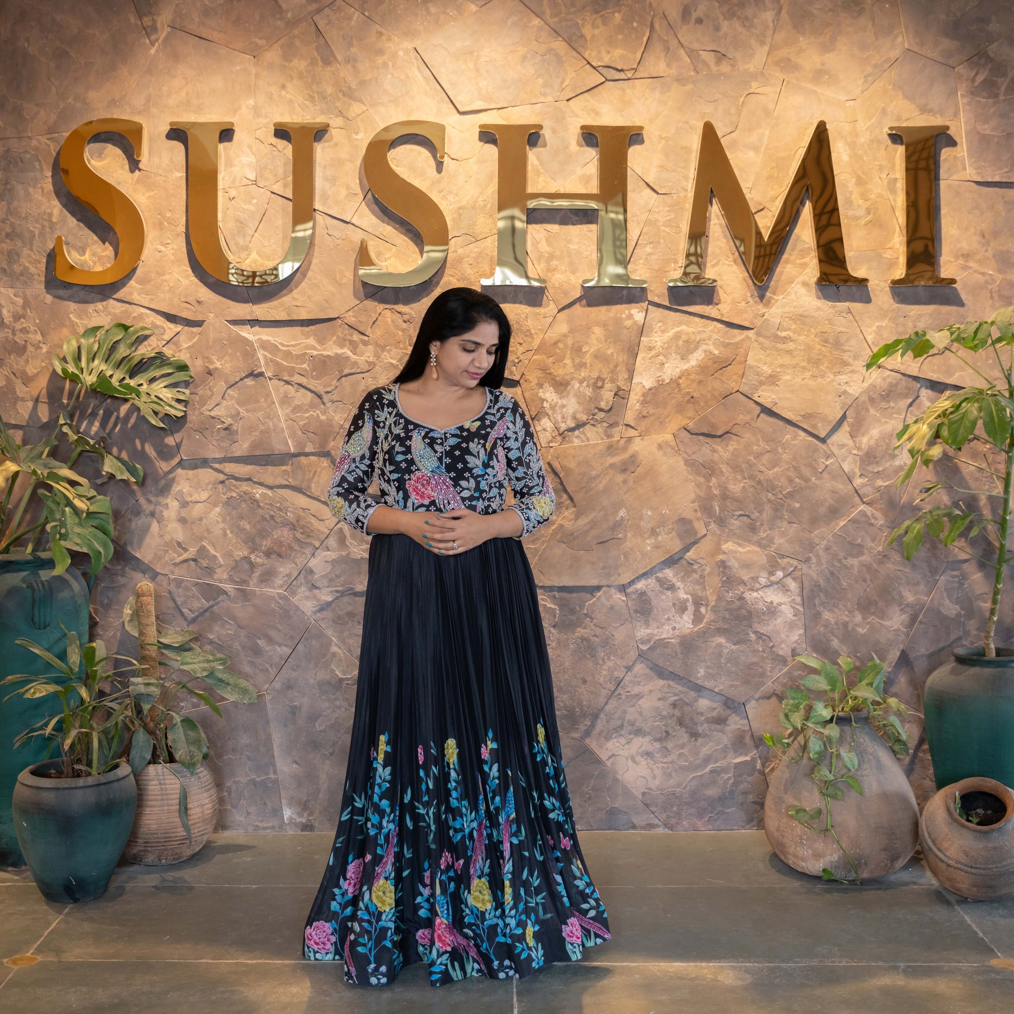 Pure Chinnon Printed Long Frock with handwork yoke