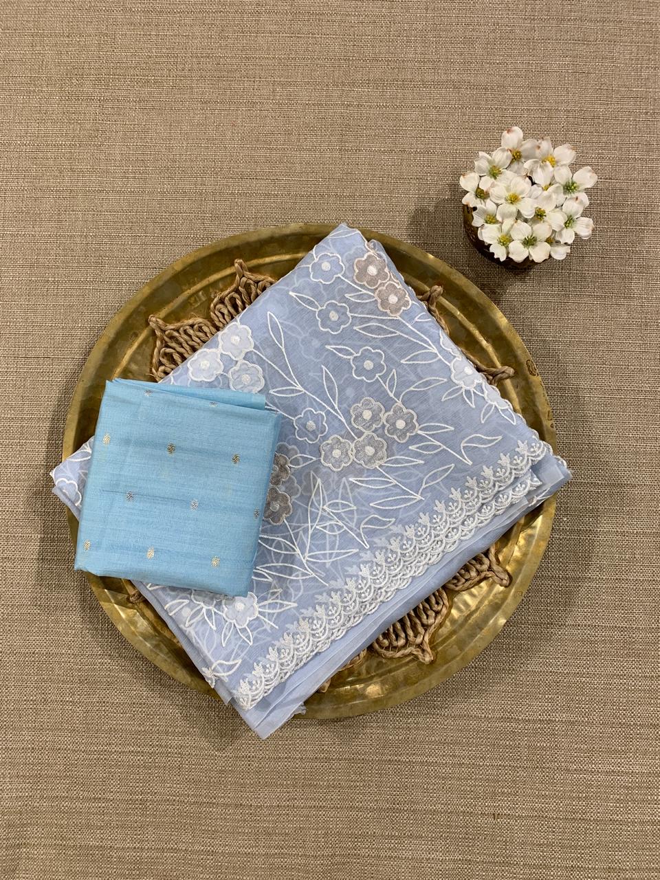 Pastel Blue Organza Applique work Saree
